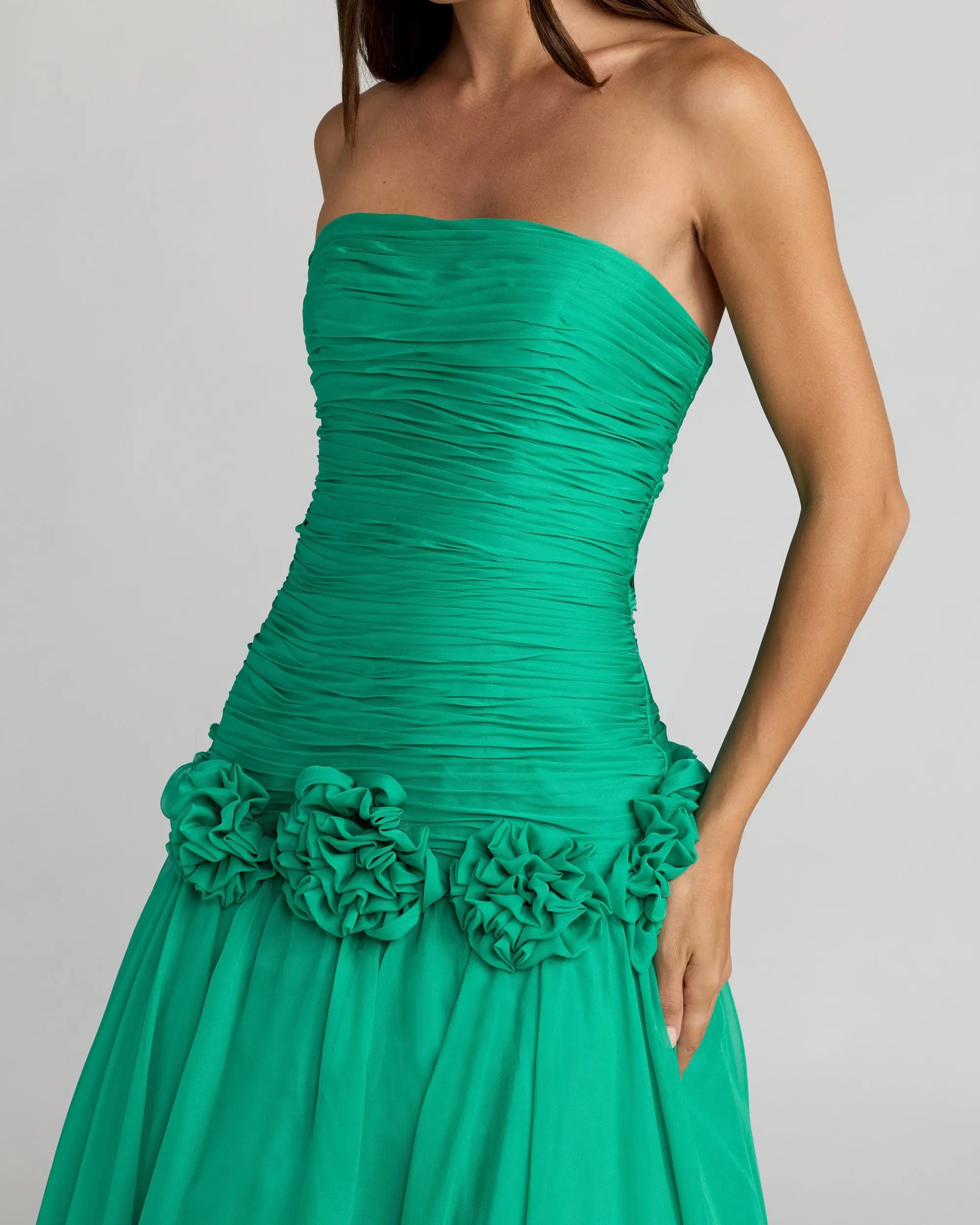 Green Strapless Chiffon Ball Gown With 3D Flowers