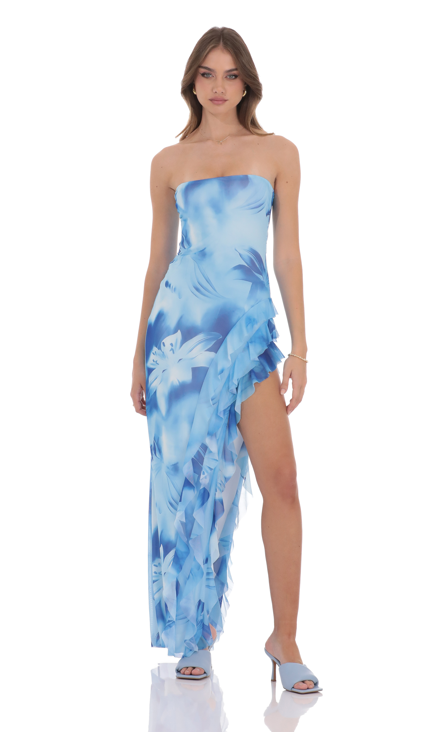 Floral Mesh Strapless Triple Ruffle Maxi Dress in Blue - luluinthesky