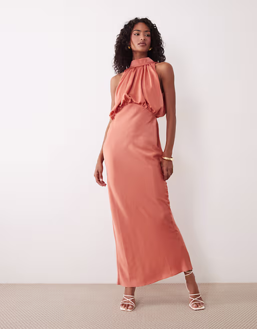 halter neck blouson satin maxi dress in copper
