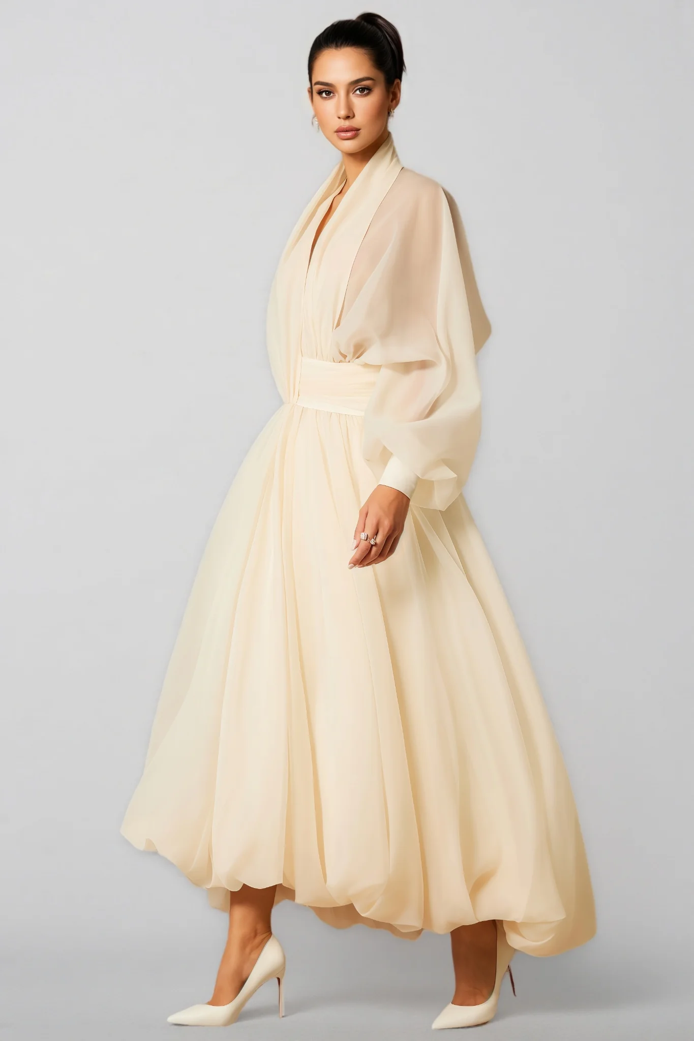 Selma Deep V-neck Puff Sleeve Maxi Dress