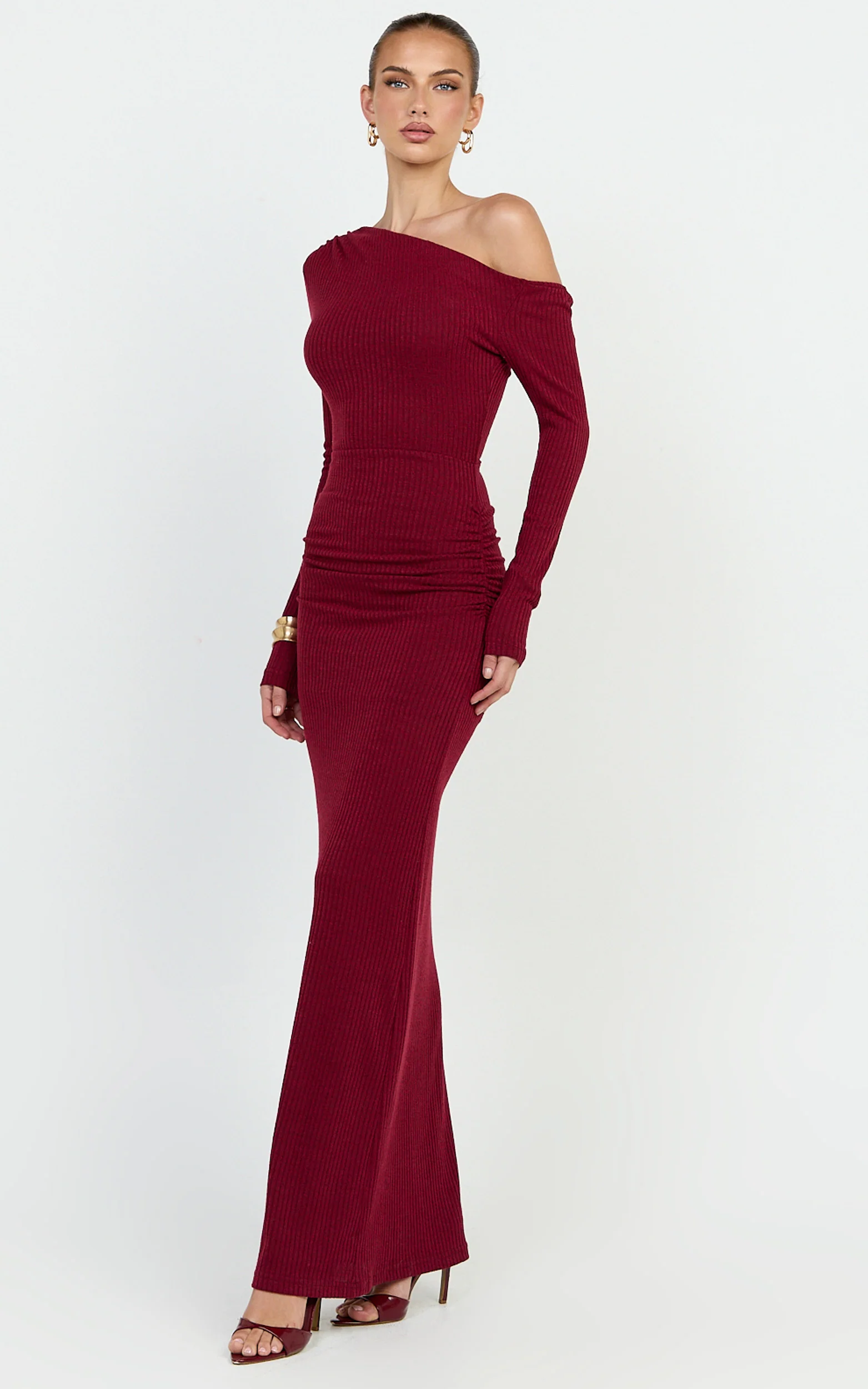 Faith Maxi Dress - Off Shoulder Long Sleeve Maxi Dress in Wine