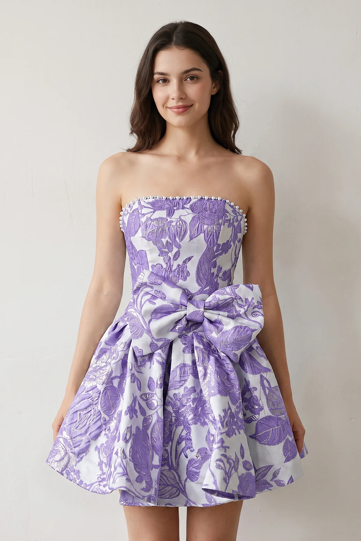 Blue Flower Jacquard Strapless A-Line Bowknot Homecoming Dress With Pearl