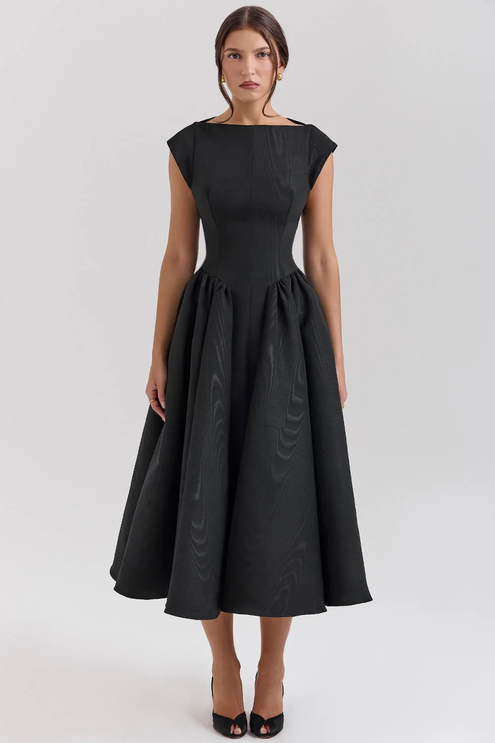 black moire satin backless midi dress