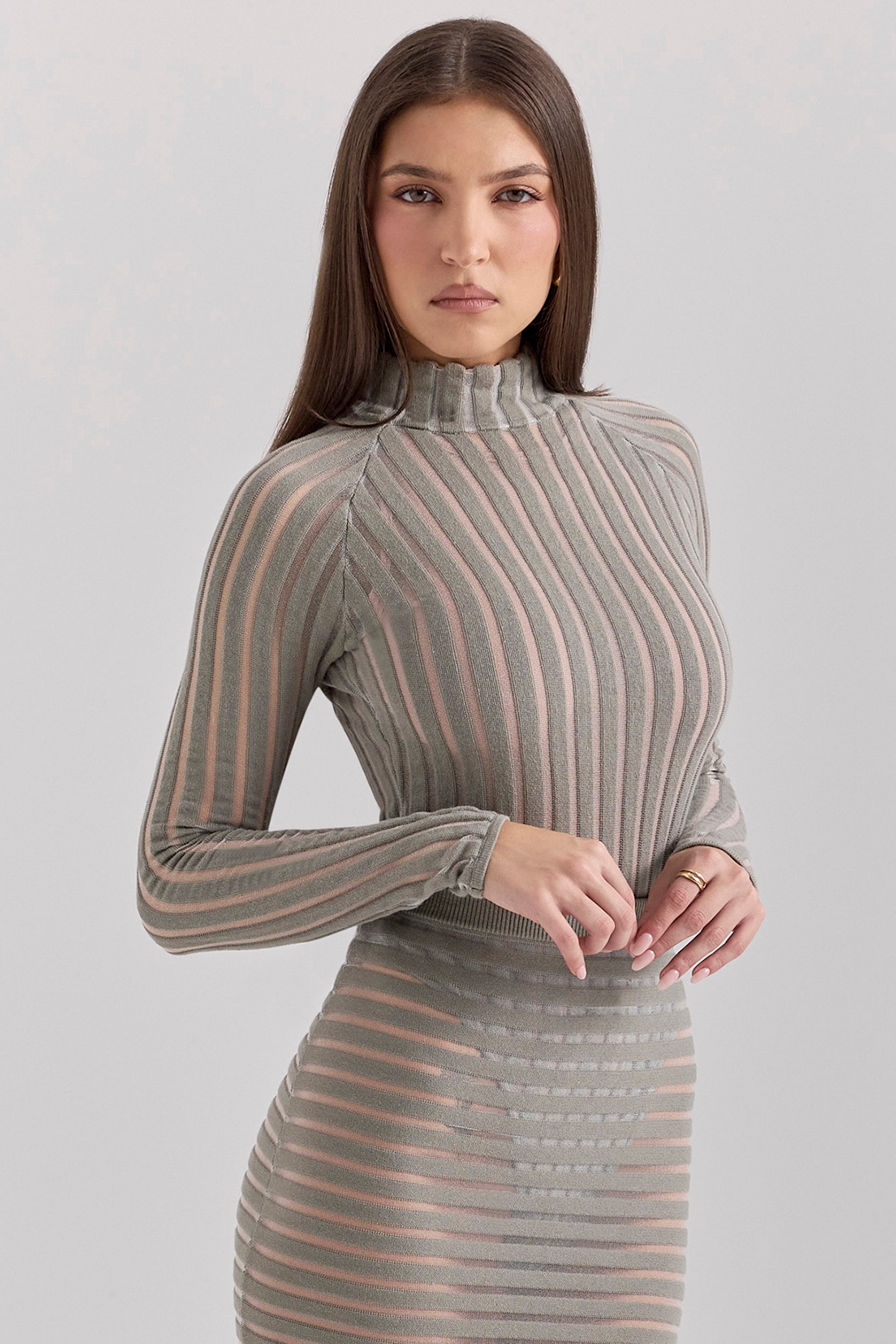 grey velour sheer striped bodysuit