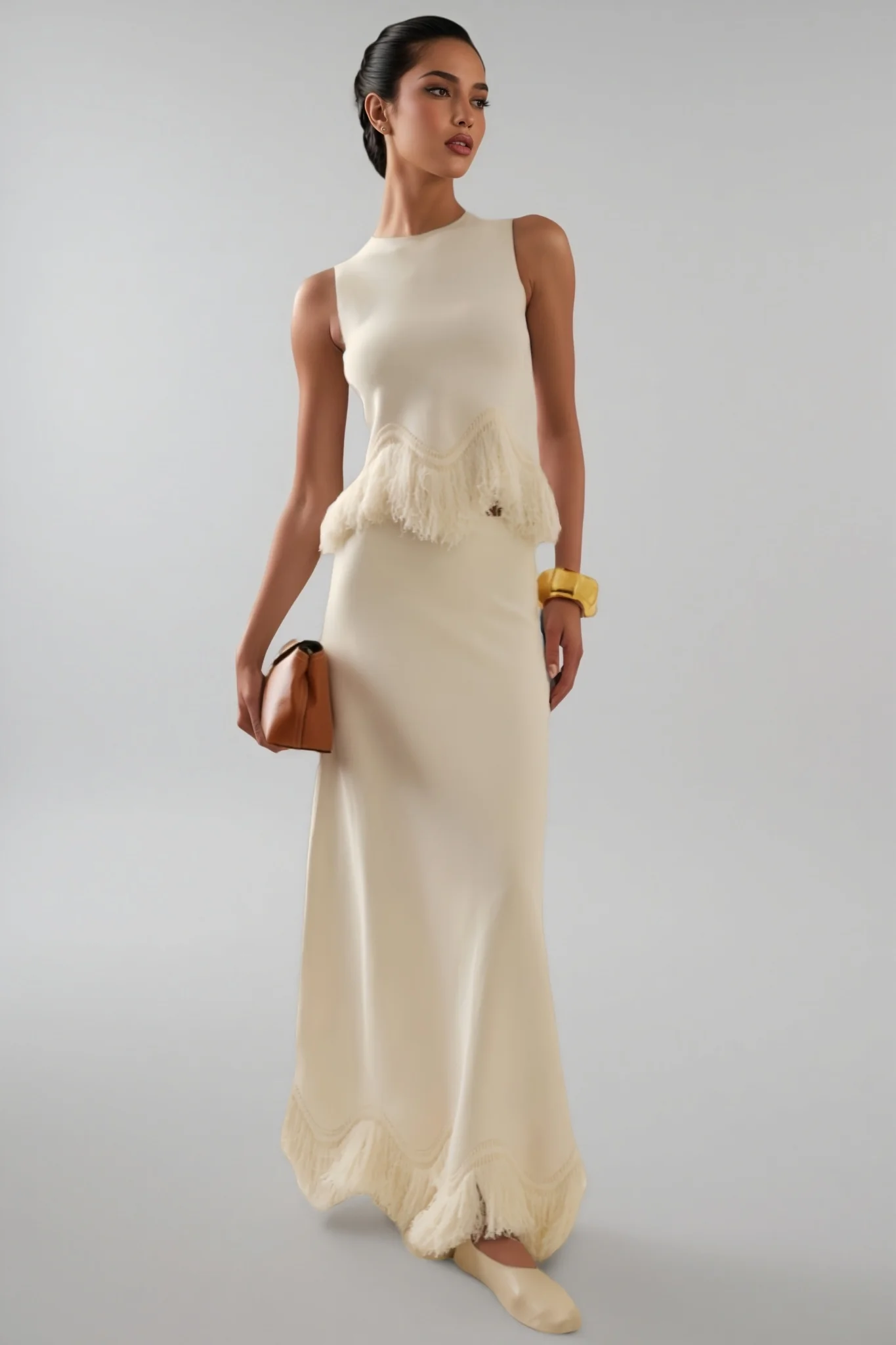 Jora White Fringe Maxi Dress Two Piece Set
