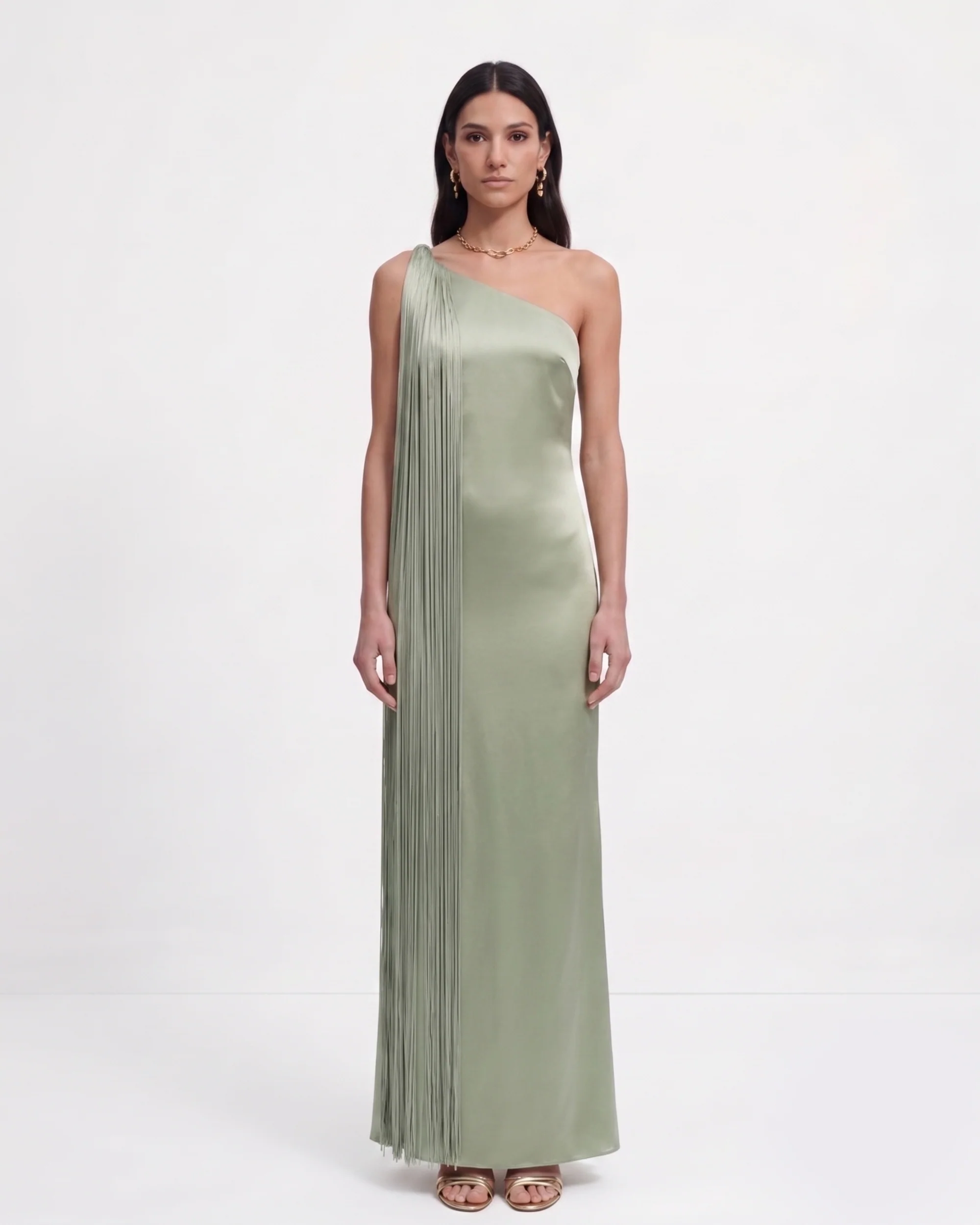 Fringe One Shoulder Maxi Dress - Sage Green - FASHION NOB