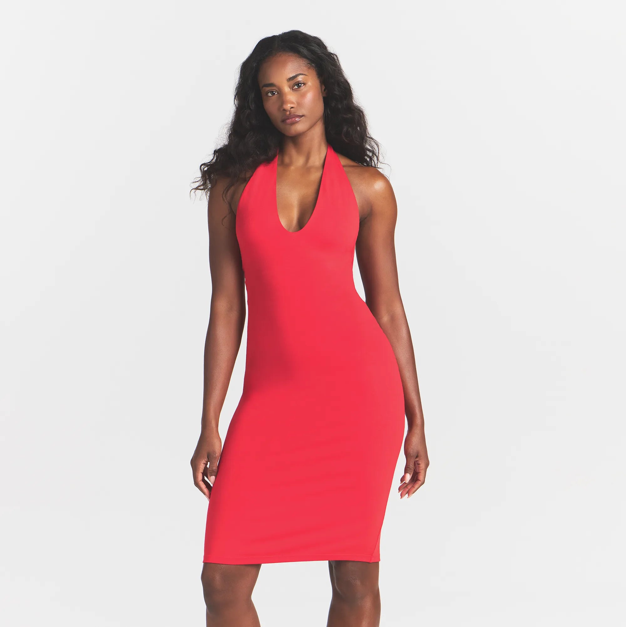 PLUNGE HALTER MIDI DRESS