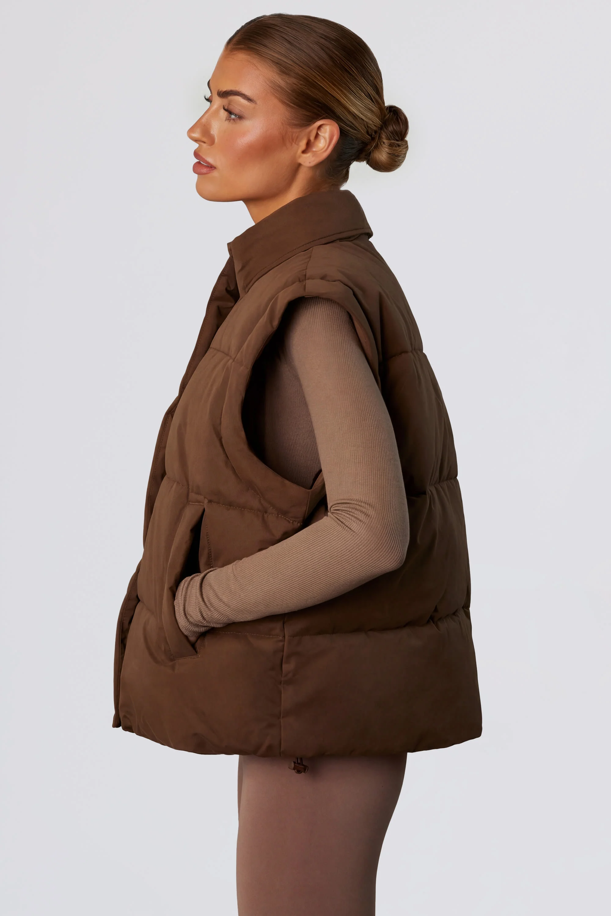 Cropped Puffer Jacket with Detachable Sleeves in Cocoa Brown
