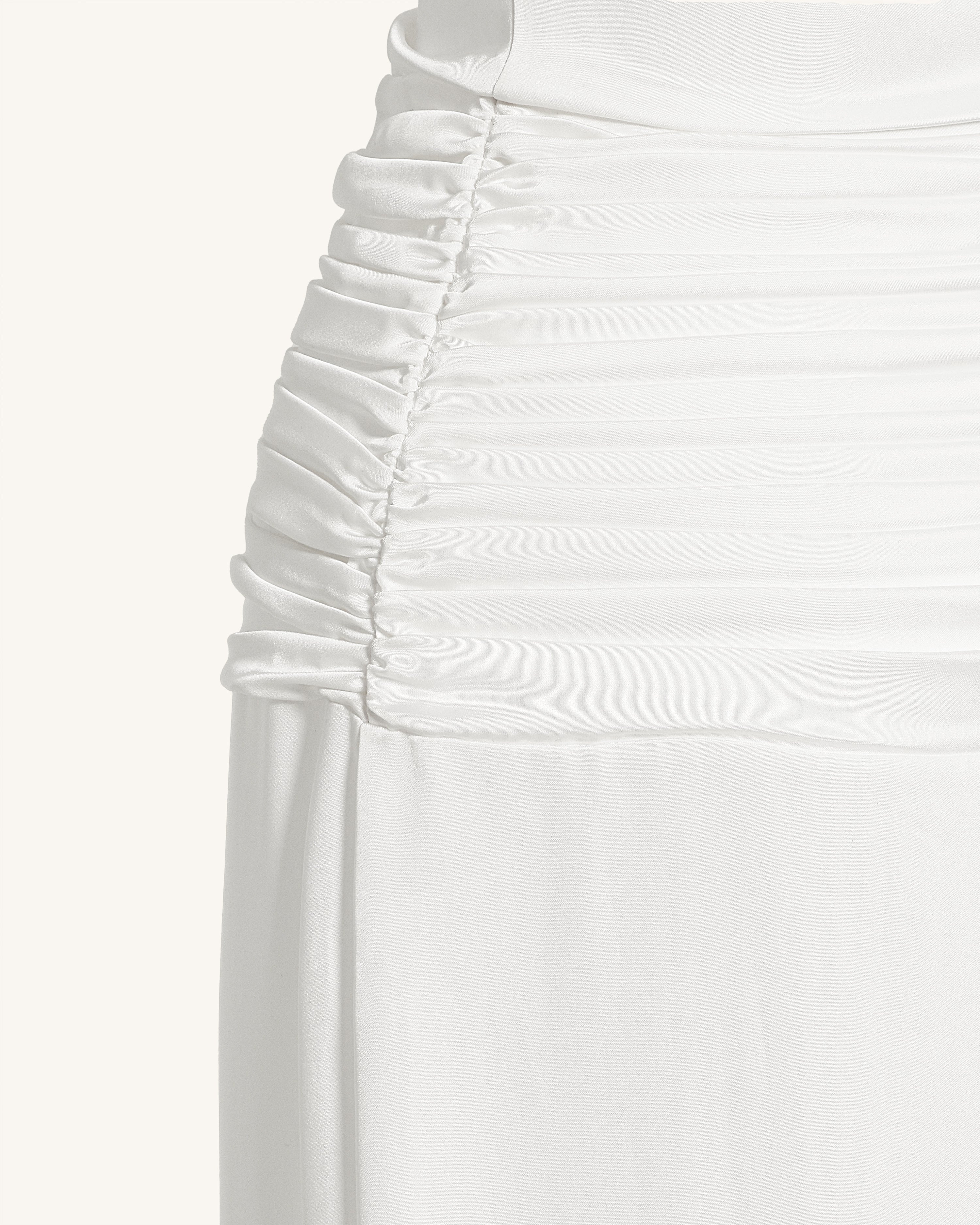 Satin Cowl Neck Ruched Maxi Gown - White - FASHION NOB