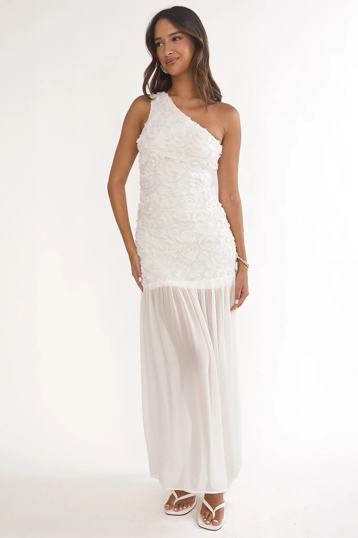Angel Eye One Shoulder Maxi Dress Embellished White