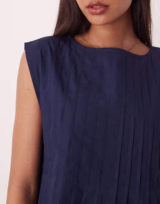 slash neck mini dress with pintucks in navy