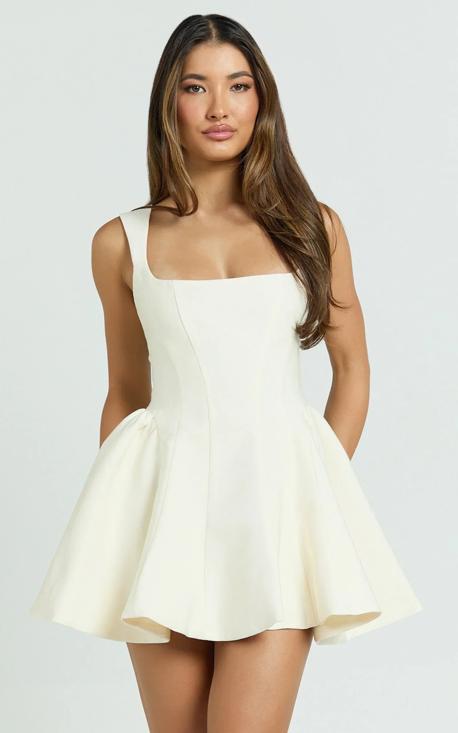 Kailee Mini Dress - Wide Strap Square Neck Fit And Flare Tulip Dress In Cream