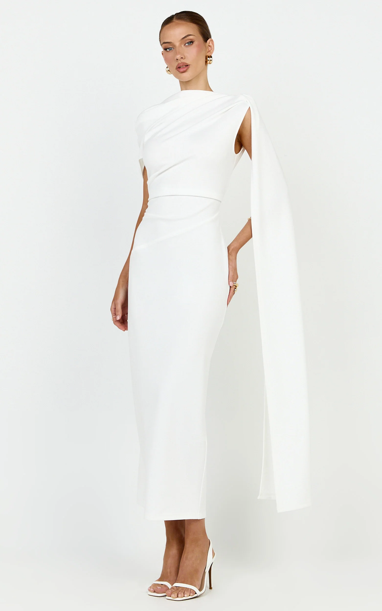 Visenta Midi Dress - Asymmetrical Sleeve Dress in White