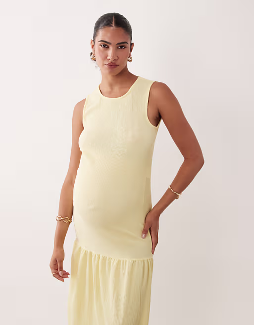 Mamalicious Maternity sleeveless drop hem detail midi dress in yellow