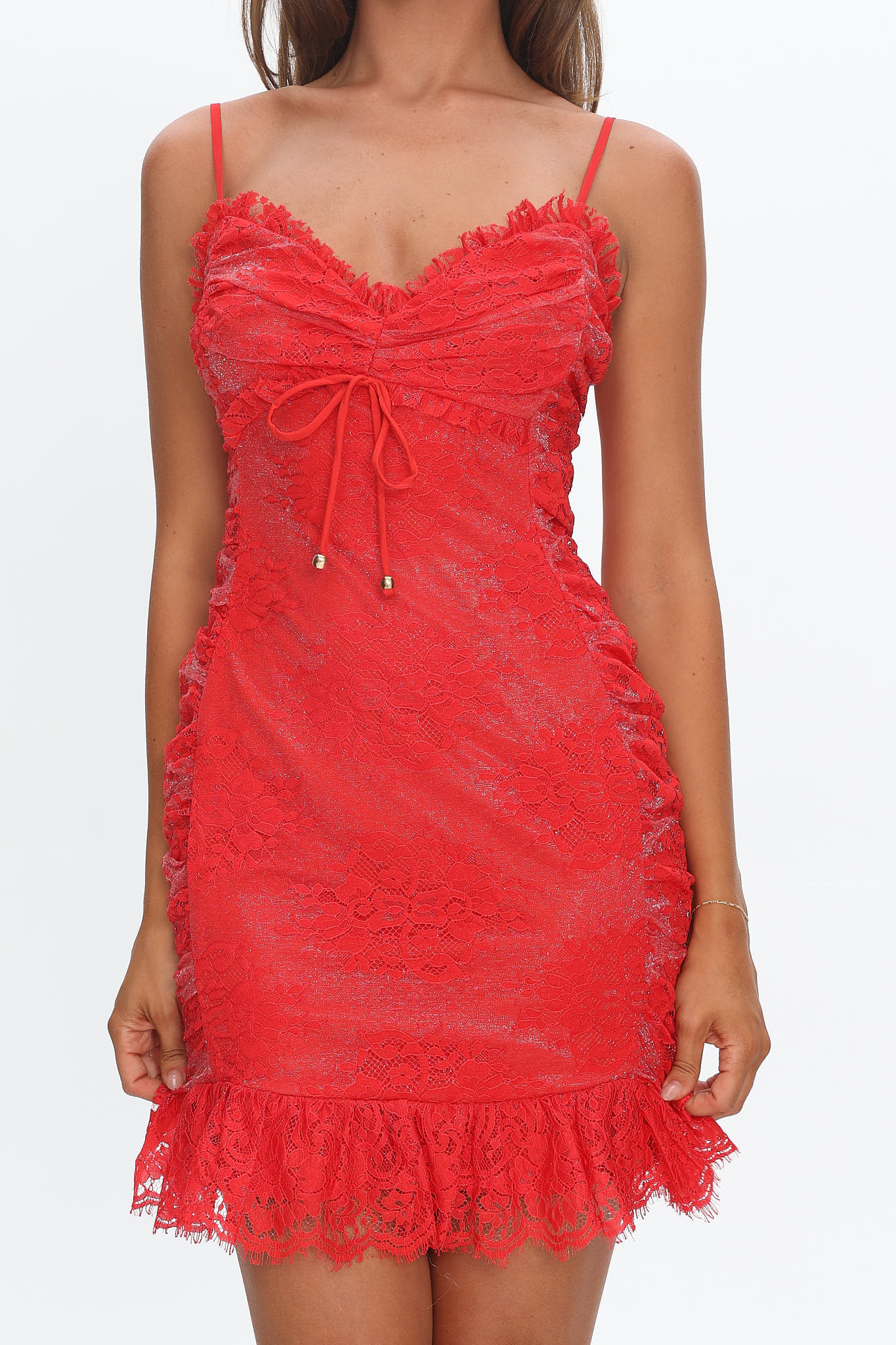 St Tropez Cami Strap Frill Hem Lace Mini Dress Red - luluinthesky