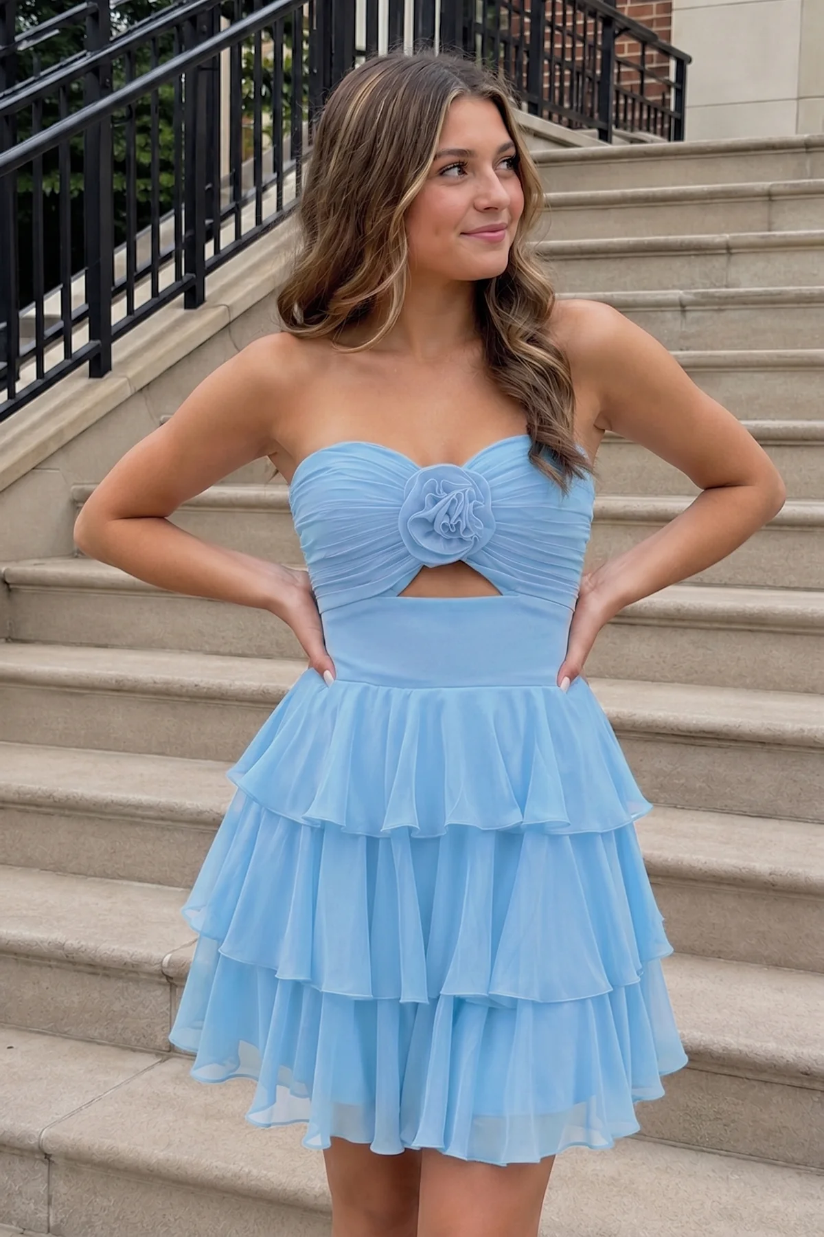 Fuchsia Strapless A Line Chiffon Ruffles Homecoming Dresses With Flower