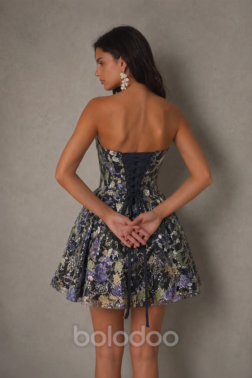 BOLODOO Green Floral Floral Sequin Strapless Corset Mini Dress