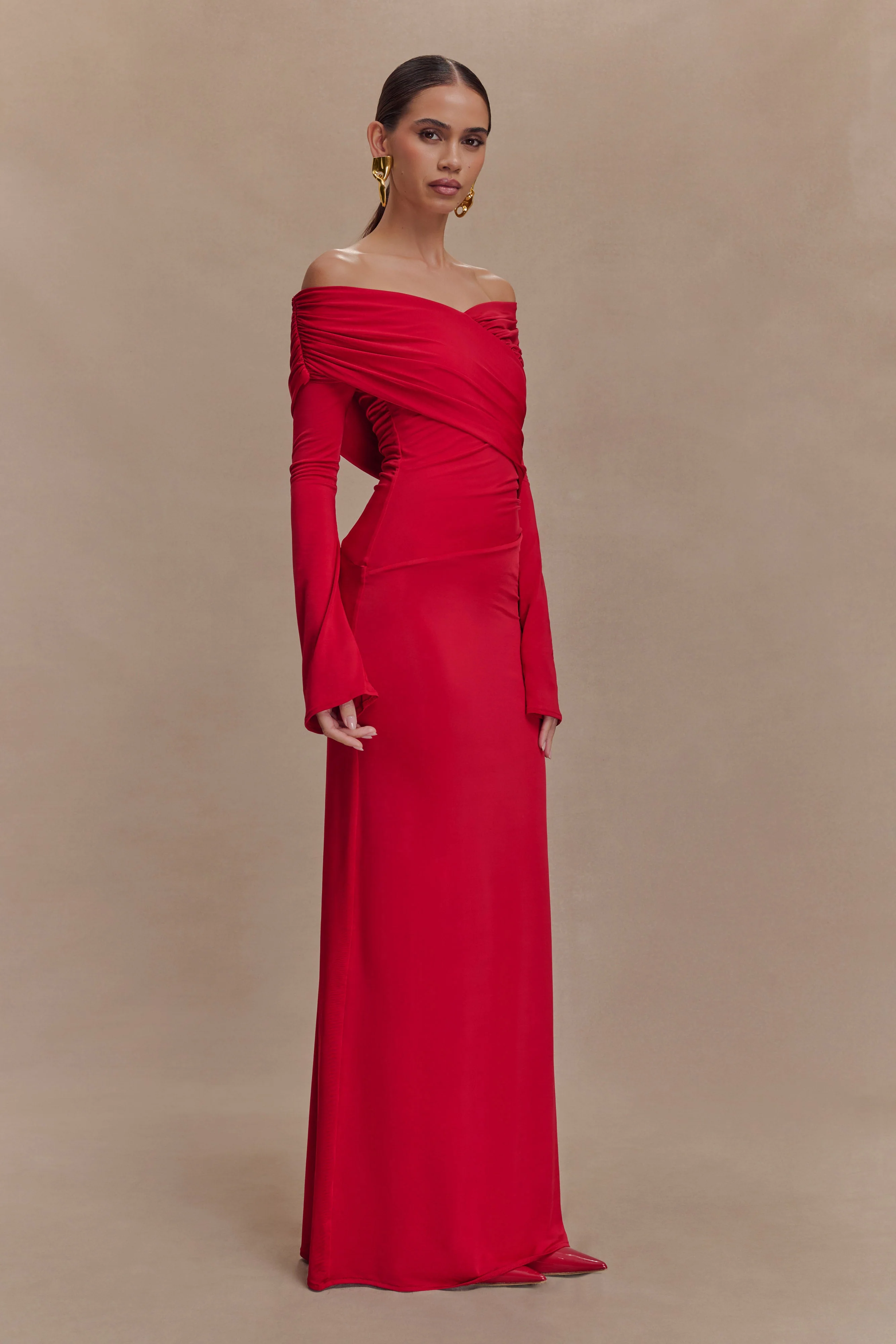 Therese-Off-Shoulder-Ruched-Maxi-Dress-Red