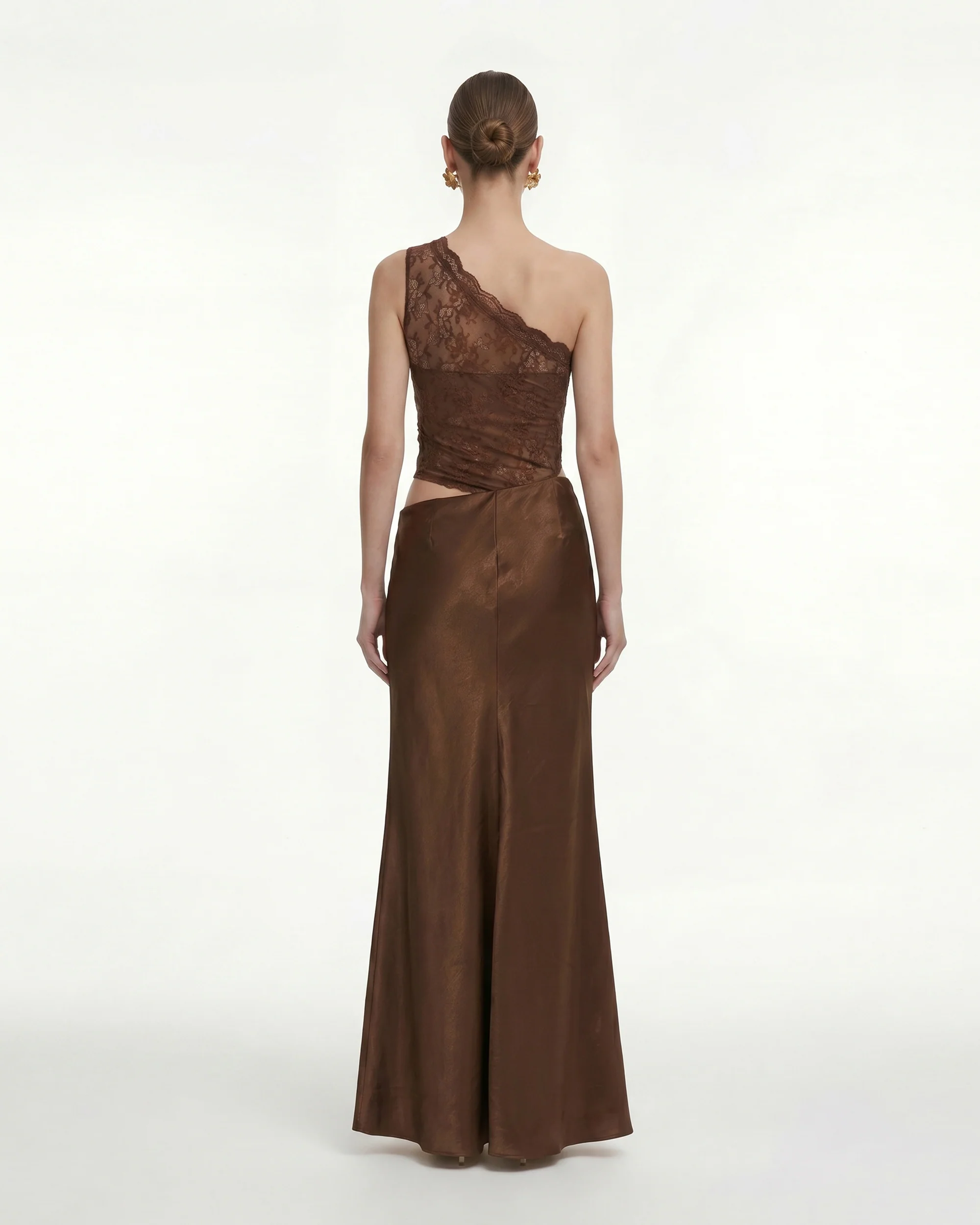 Floral One Shoulder Satin Dress - Brown - FASHION NOB