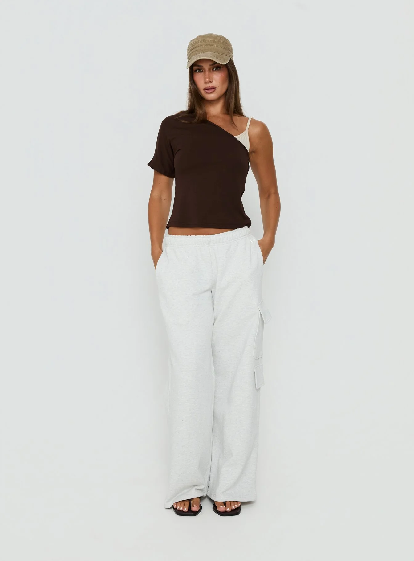 Lunea One Shoulder Contrast Top Brown / Cream