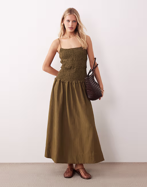 crinkle maxi sundress with shirred dropped waist in olive