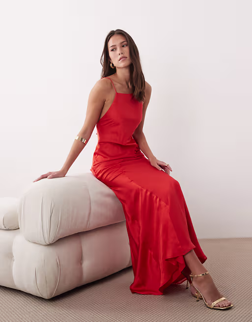 square neck satin and chiffon mix maxi dress in coral