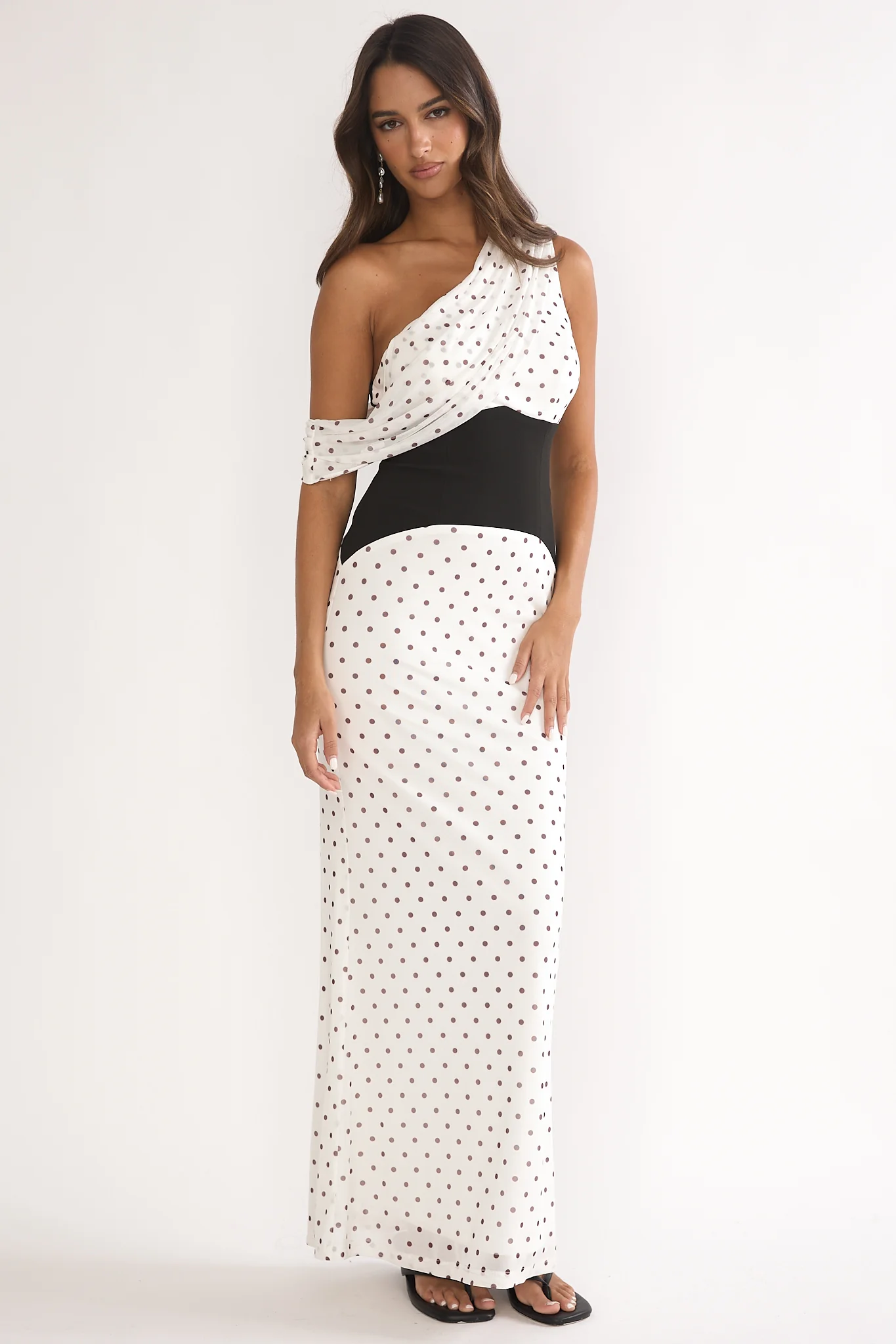 Milos Asymmetric Neckline Maxi Dress Polka Dot Brown - luluinthesky