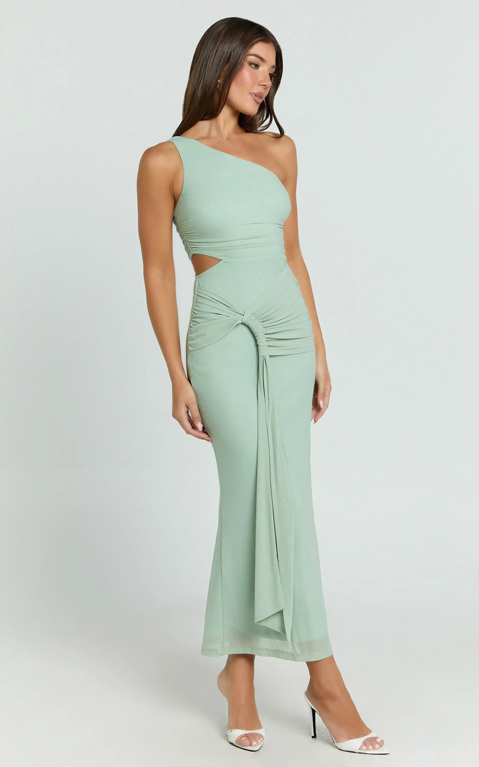 Mandy Midi Dress - Knot Detail Cut Out Mesh Dress in Sage