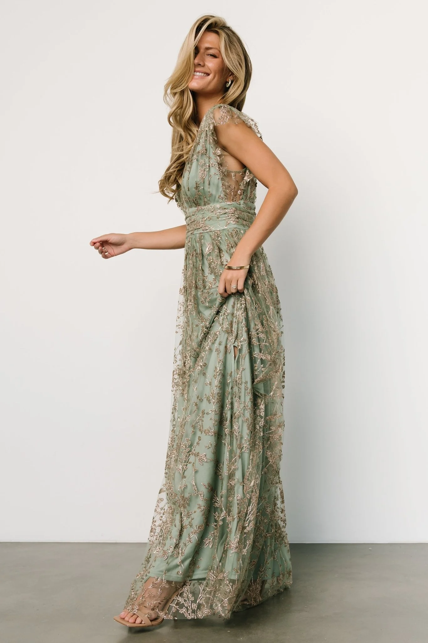 Arlene Shimmer Gown | Sage + Gold