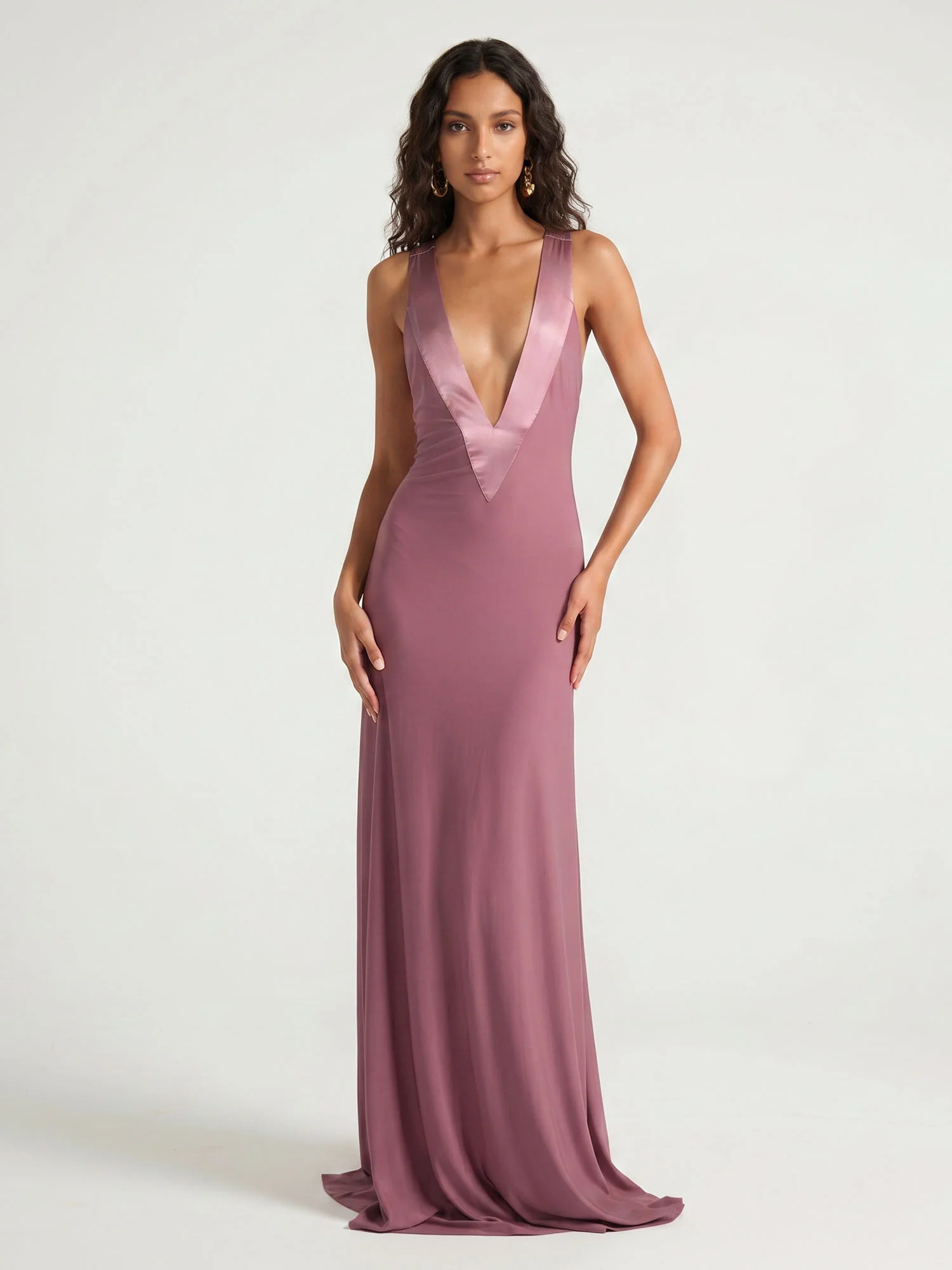Mauve Plunge Halter Maxi Dress