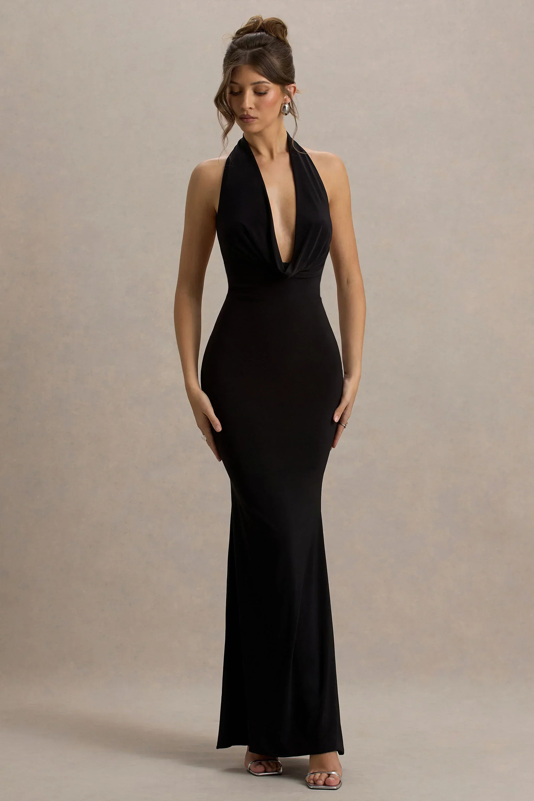 Milani | Black Backless Cowl Neck Fishtail Maxi Dress