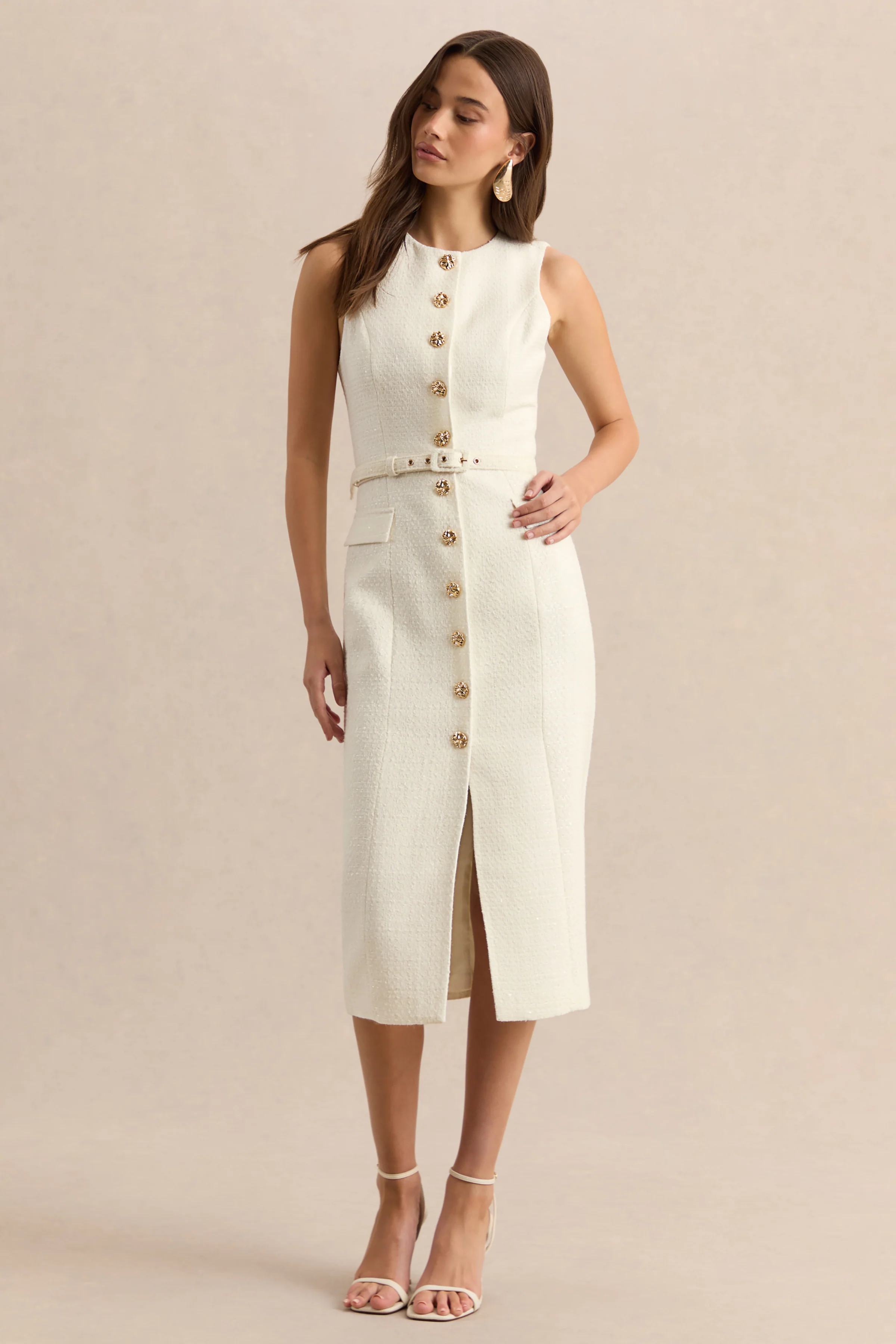 Clea | Cream Crew-Neck Belted Midi Dress With Front-Pockets