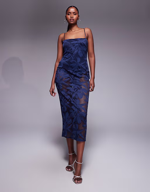 AFRM Marsaille crochet floral lace spaghetti strap midi dress in navy