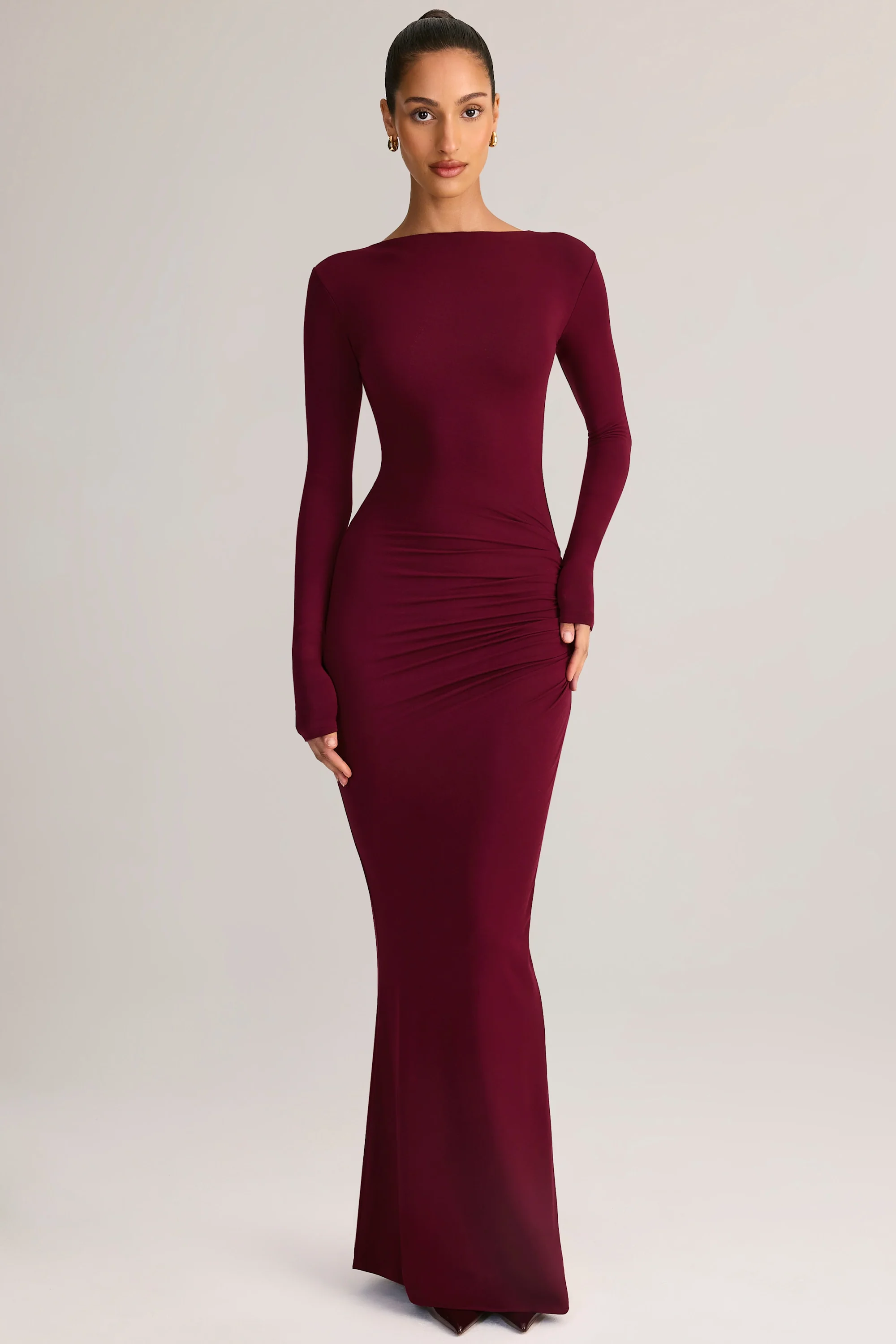 Modal Ruched Backless Maxi Dress in Wine