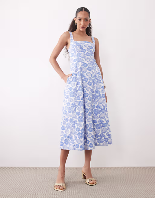 Abercrombie & Fitch sleeveless midi dress with godet hem in blue print