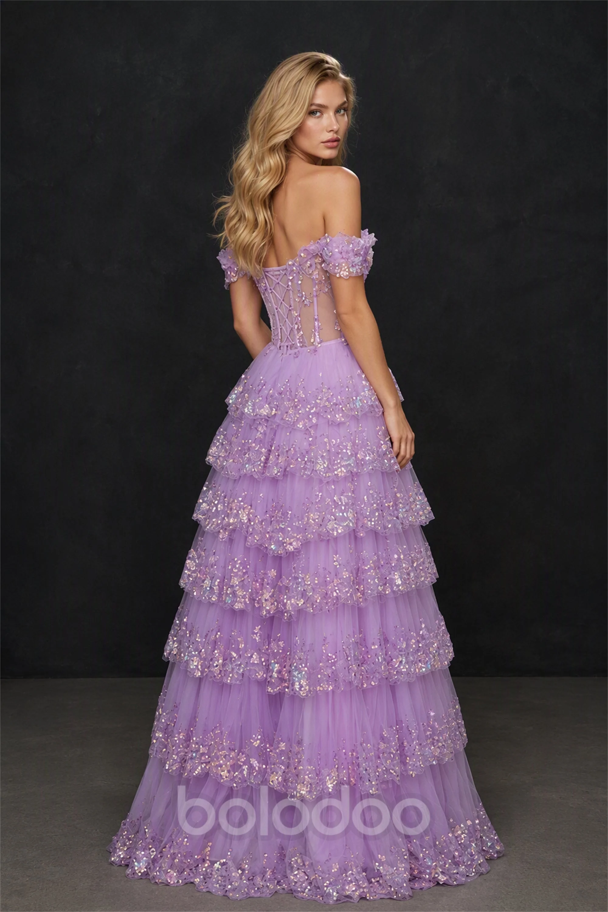BOLODOO Lilac Off-Shoulder Sheer Corset 3D Floral Tiered Sequin Tulle Ball Gown | Prom & Formal Evening Dress