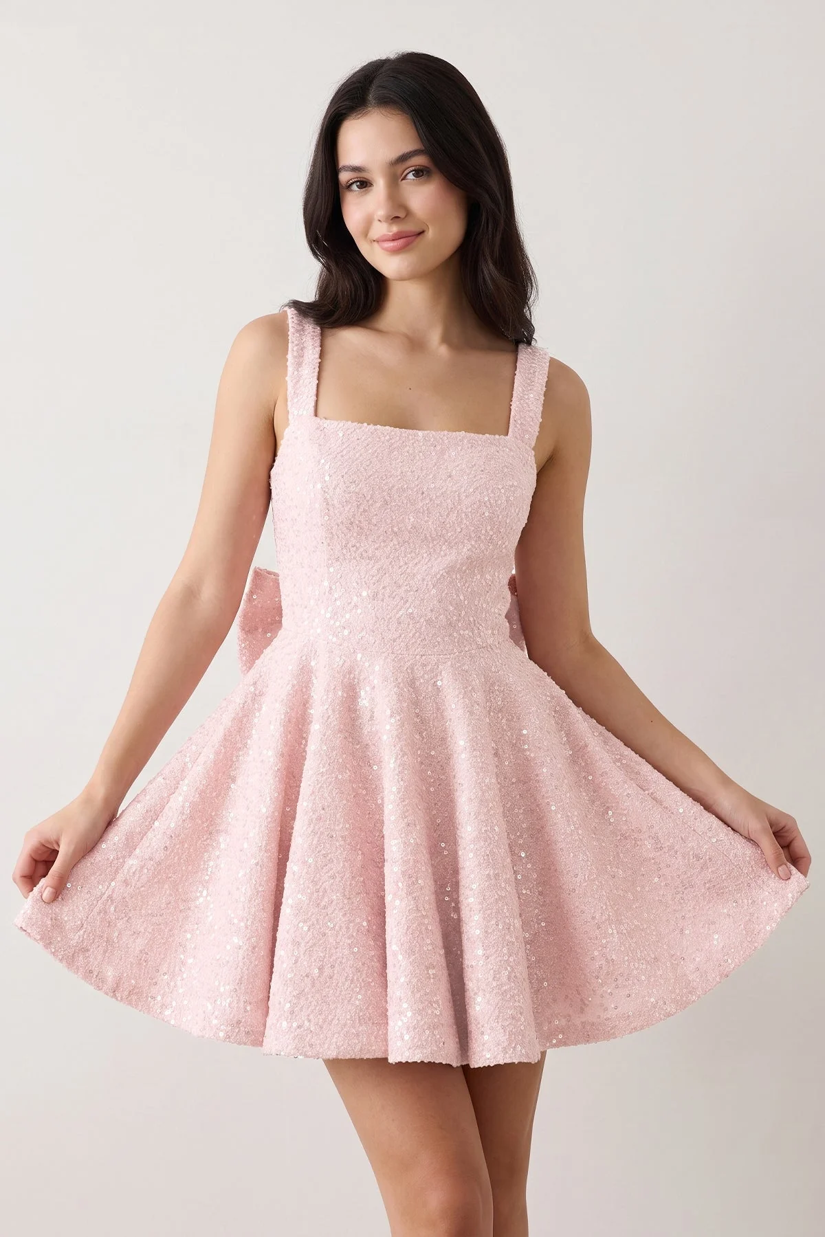 Sparkly Pink Square Neck A-Line Sequin Ruched Homecoming Dress with Bow