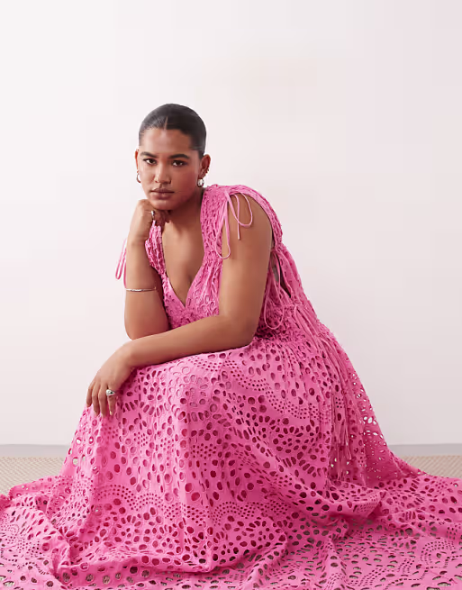 ARRANGE Curve broderie drawstring detail trapeze maxi dress in bright pink