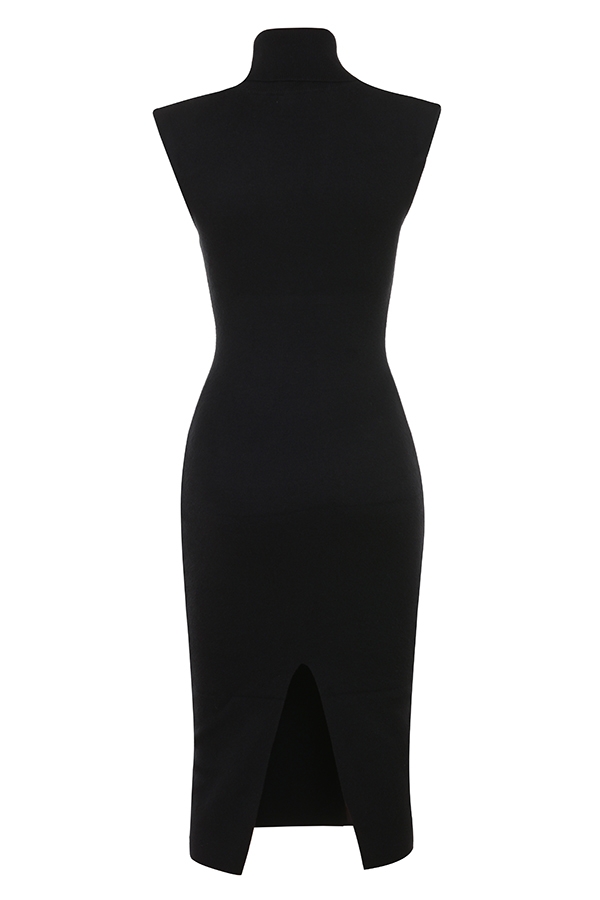 Black Cashmere Blend Turtle Neck Midi Dress