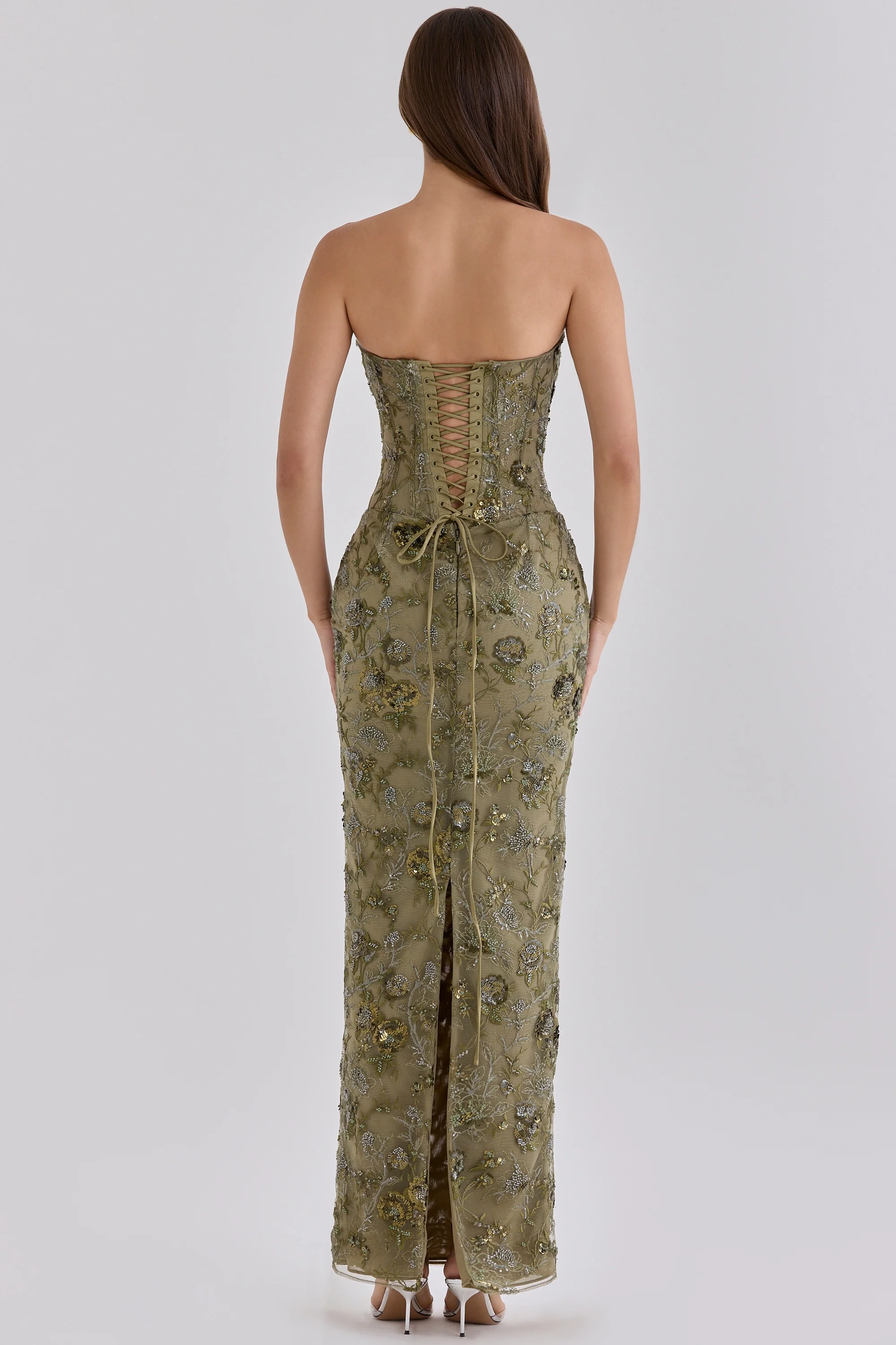 Olive Hand Beaded Embellished Strapless Maxi Dress - Limited Edition