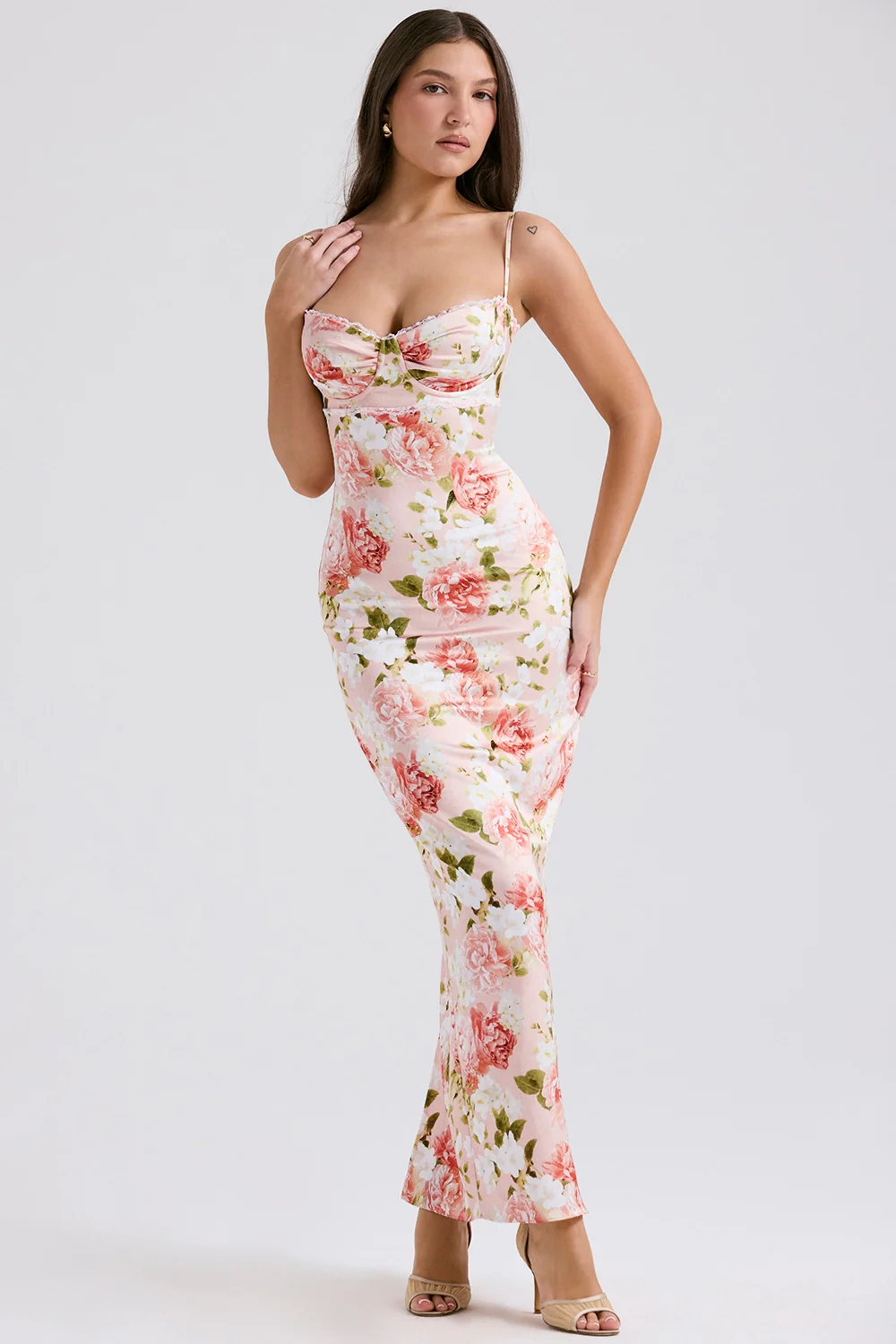 Pink Peony Print Satin Maxi Dress