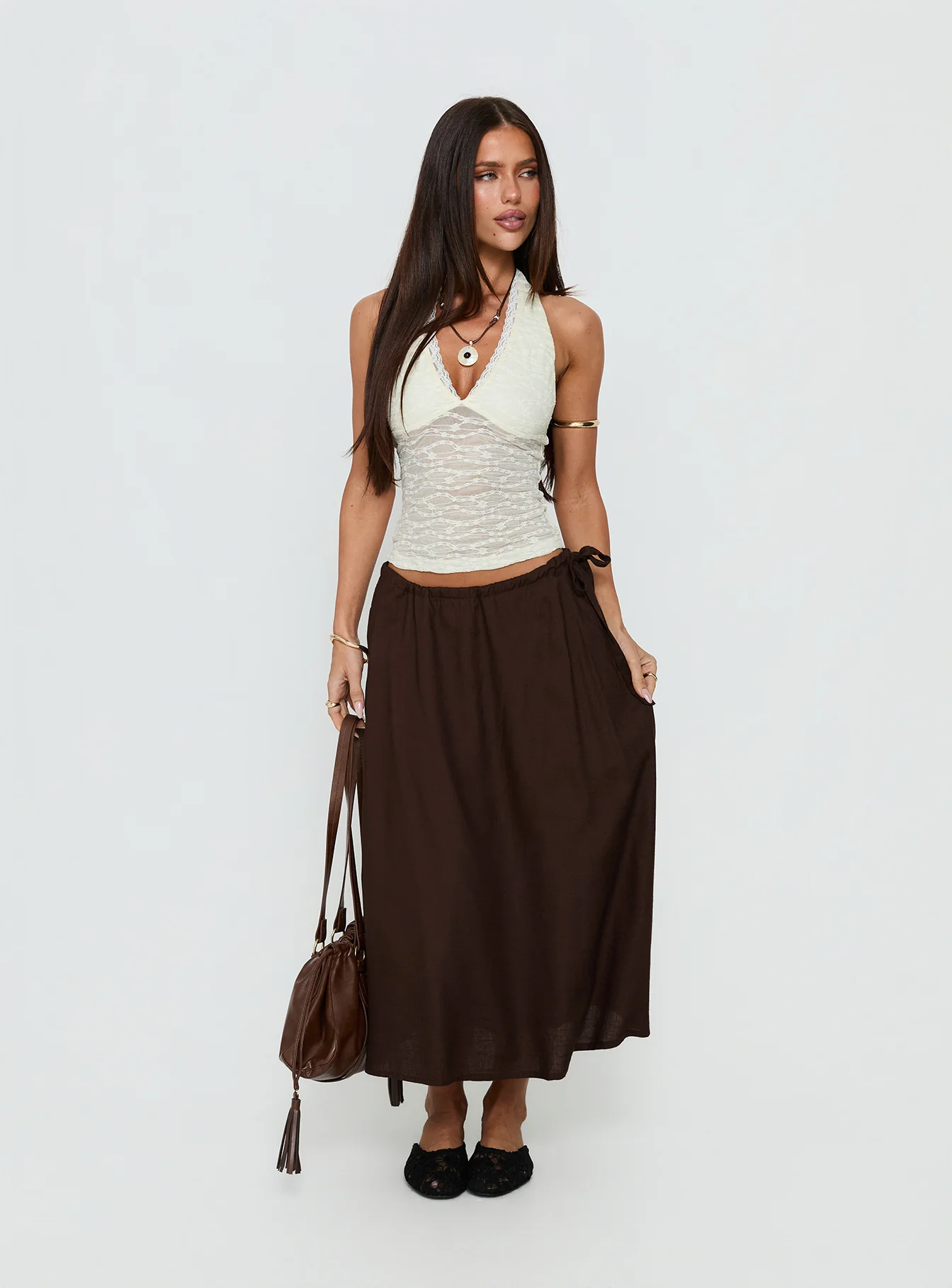 Persuasion Tie Side Midi Skirt Chocolate