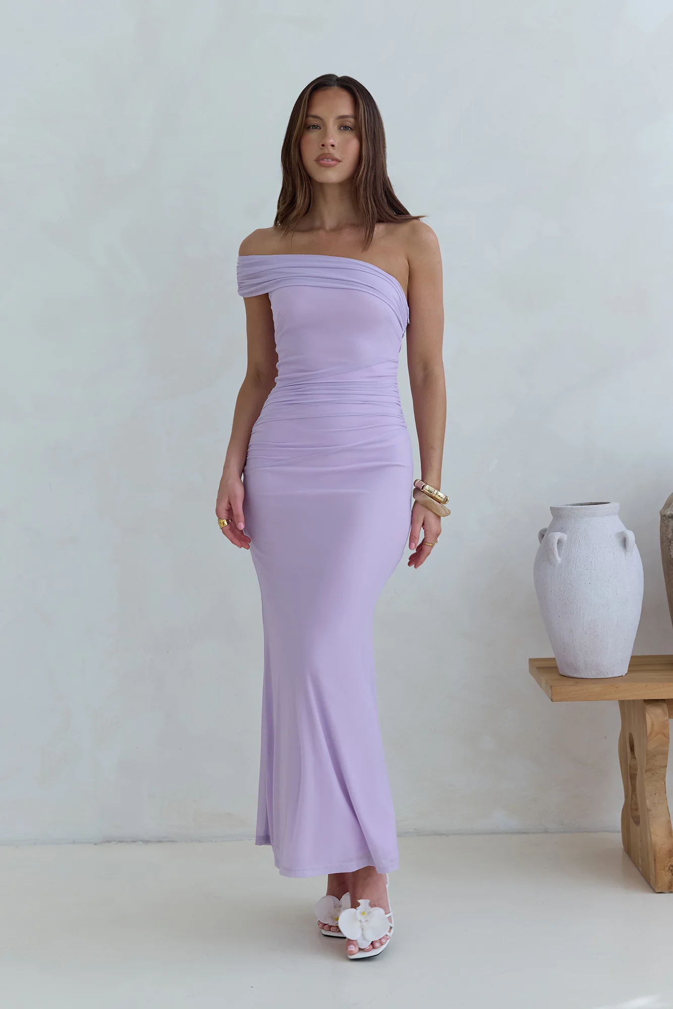 Dahlia One Shoulder Mesh Maxi Dress Lilac - luluinthesky