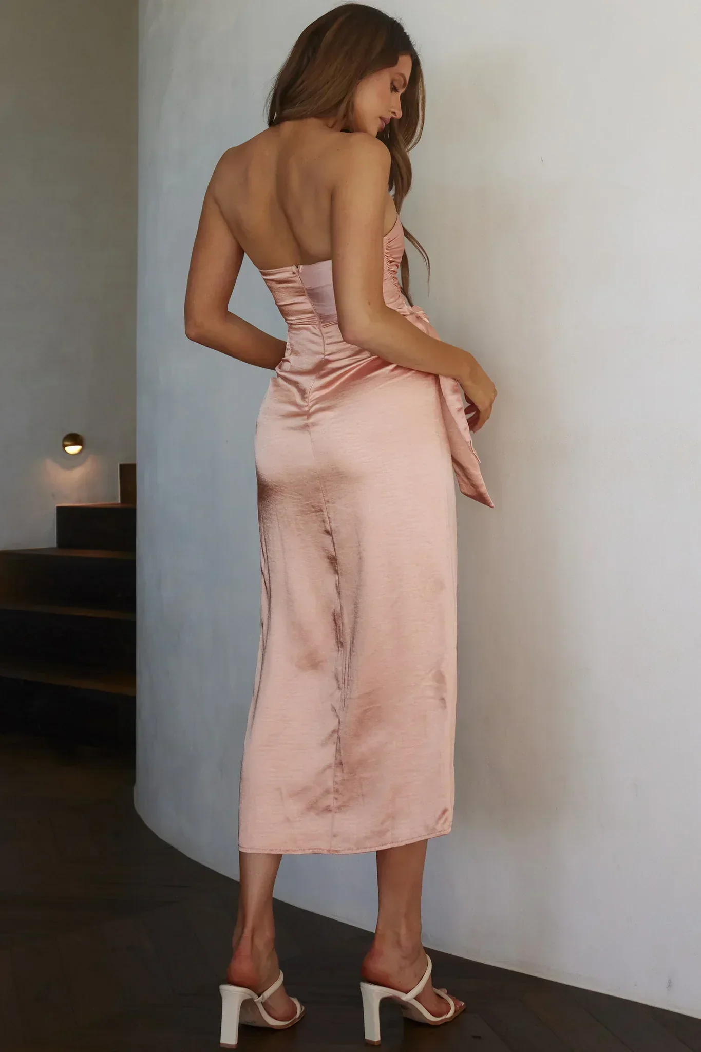 Gianna Strapless Waist Tie Midi Dress Peach