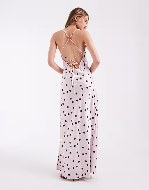 Object satin low cross back maxi slip dress in pale pink and brown polka dot