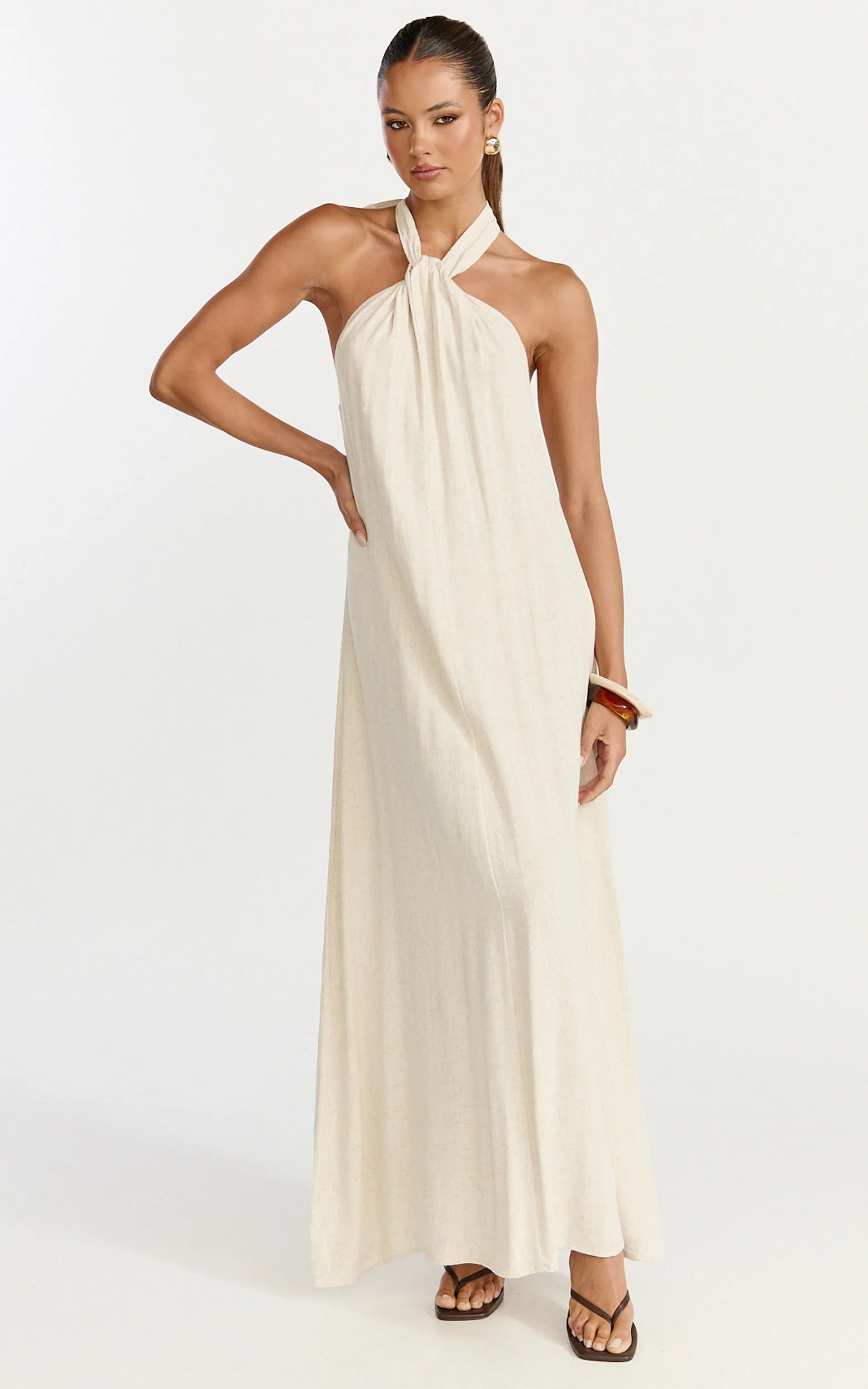 Hilda Maxi Dress - Knot Detail Halter Neck Maxi Dress in Natural