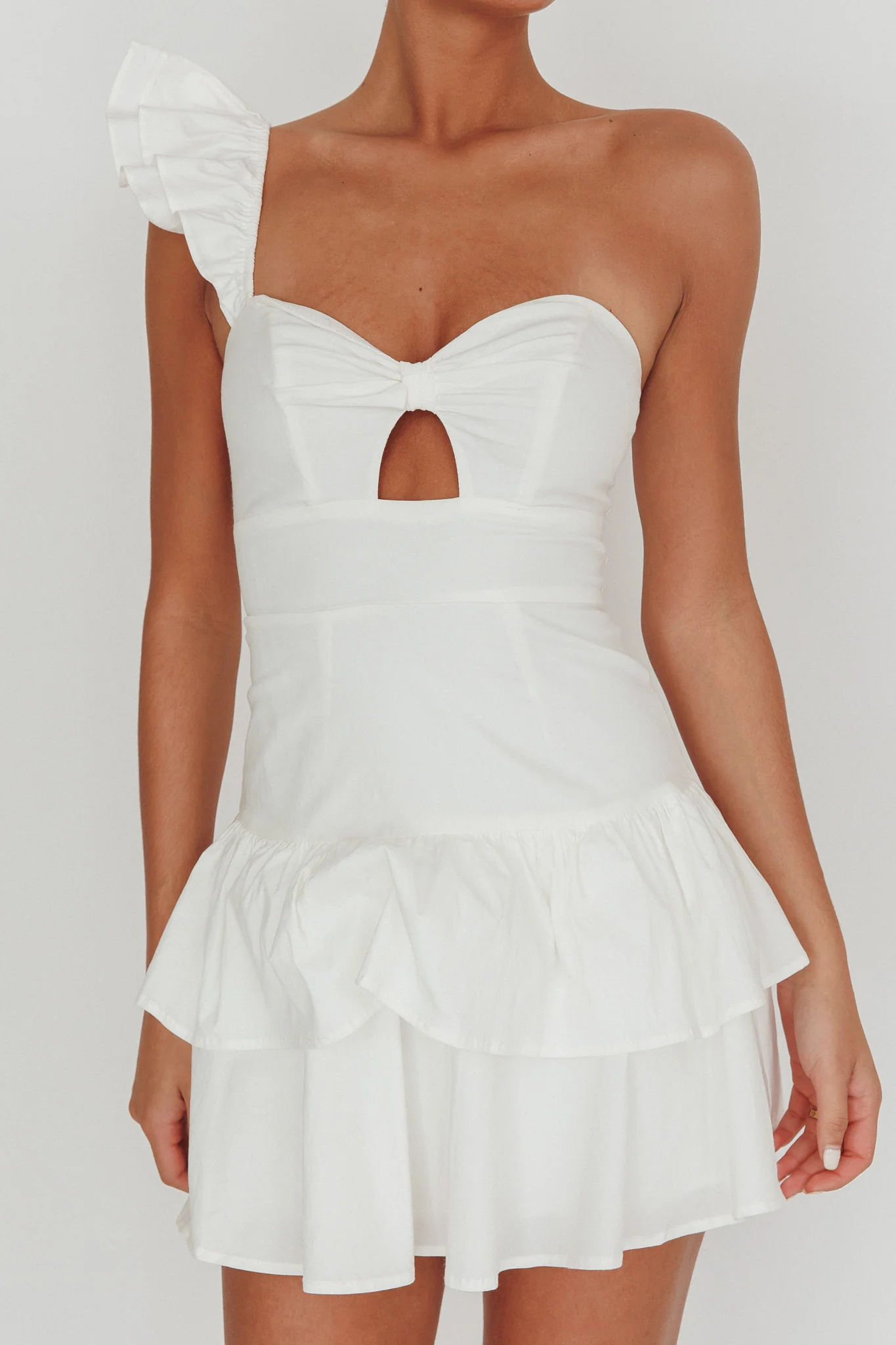 Tea Time One Shoulder Ruffle Mini Dress White - luluinthesky