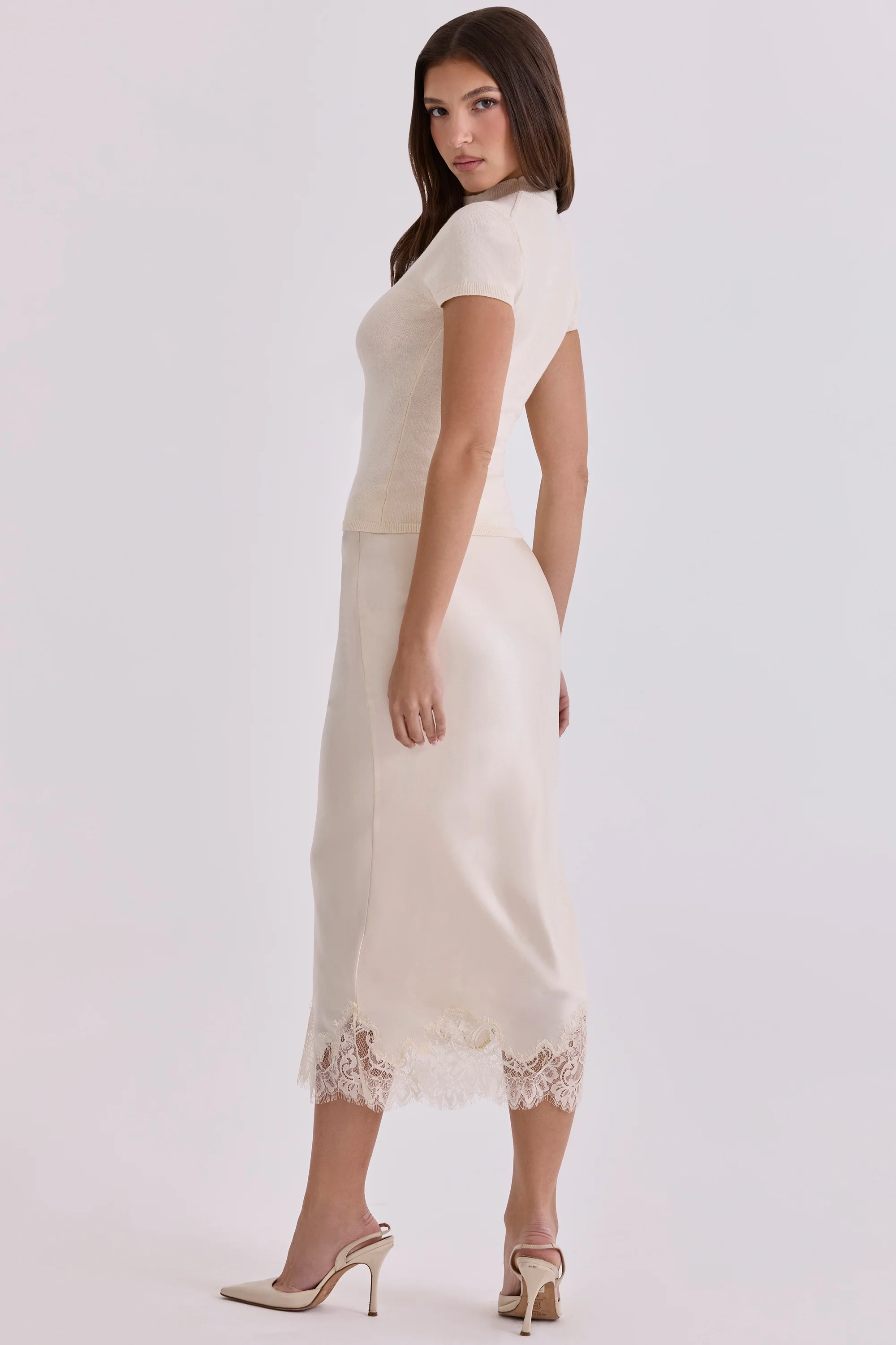 Vintage Ivory Satin + Lace Midi Skirt