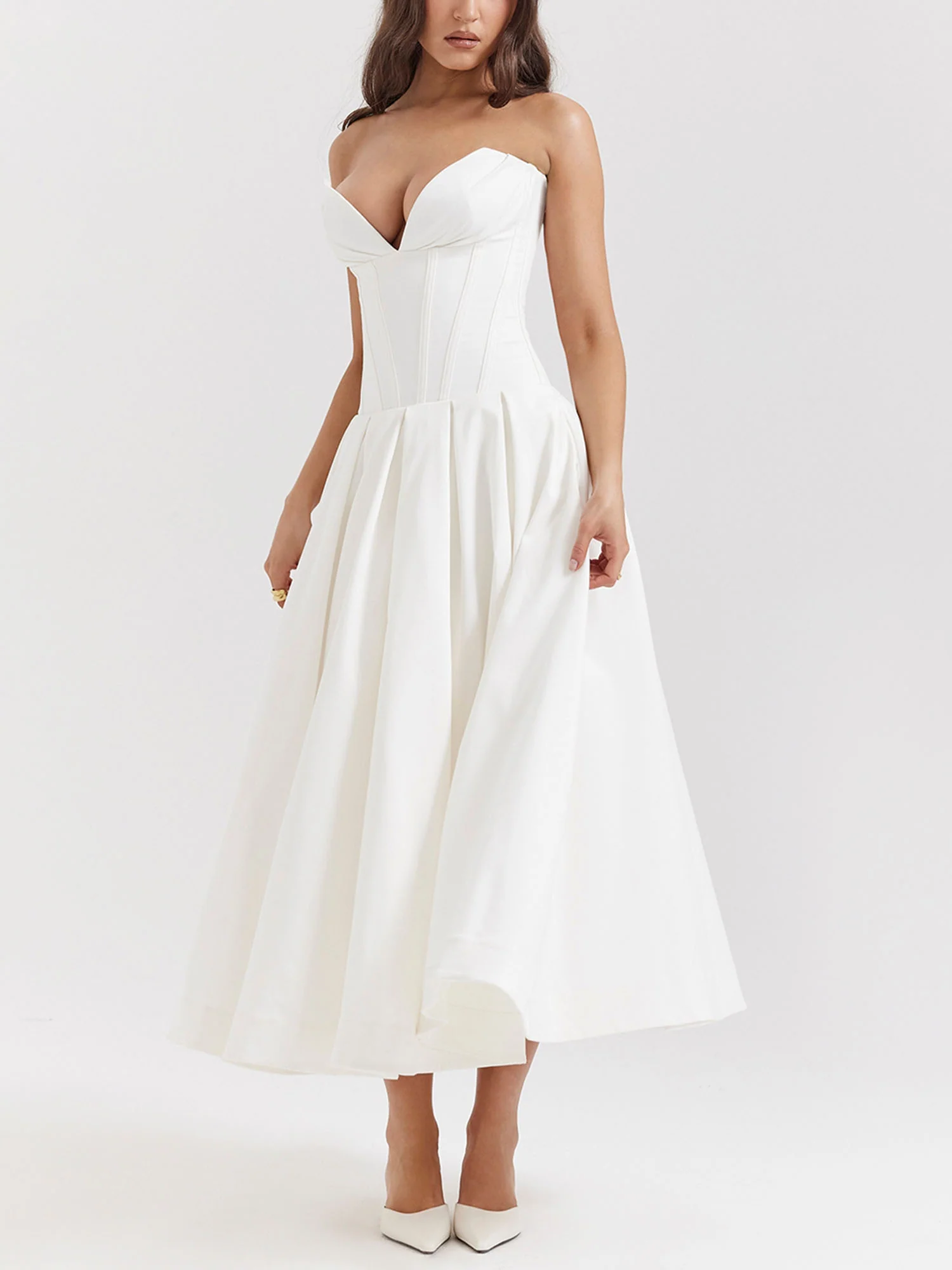 White Strapless Fit-and-Flare Midi Dress