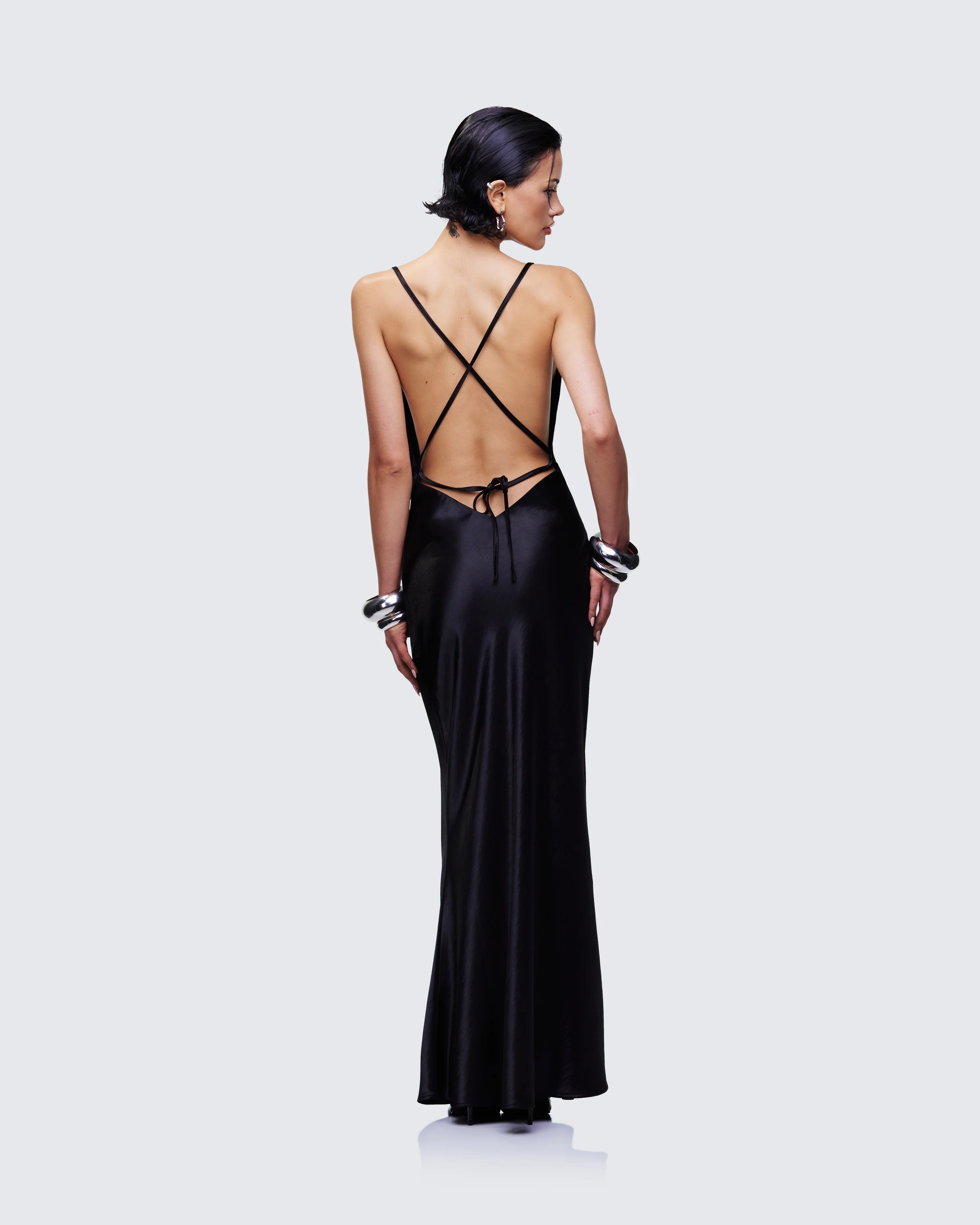 Elspeth Black Satin Bias Slip Maxi Dress